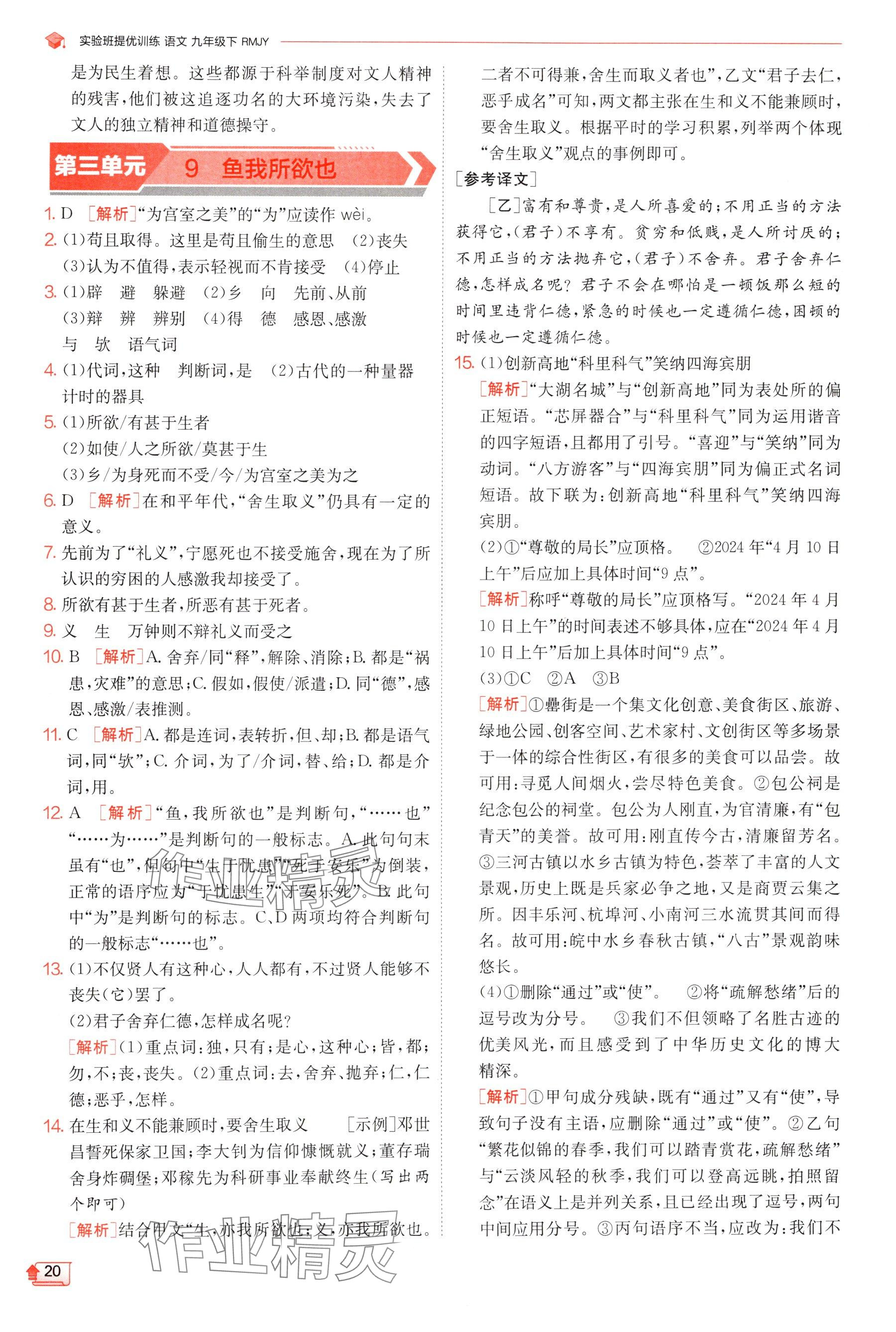 2025年實驗班提優(yōu)訓練九年級語文下冊人教版 參考答案第20頁