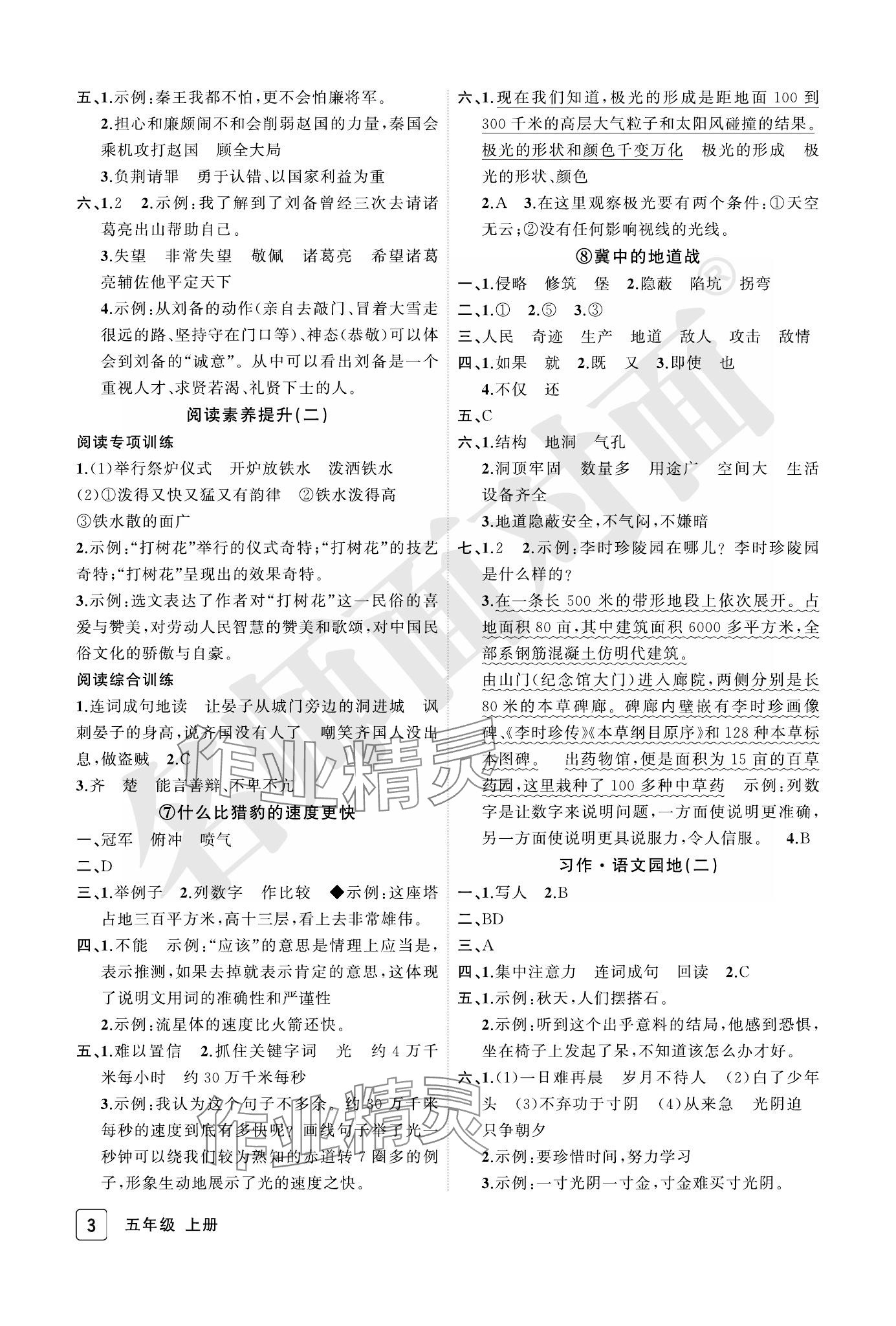 2023年名師面對面先學(xué)后練五年級語文上冊人教版評議教輔 參考答案第3頁