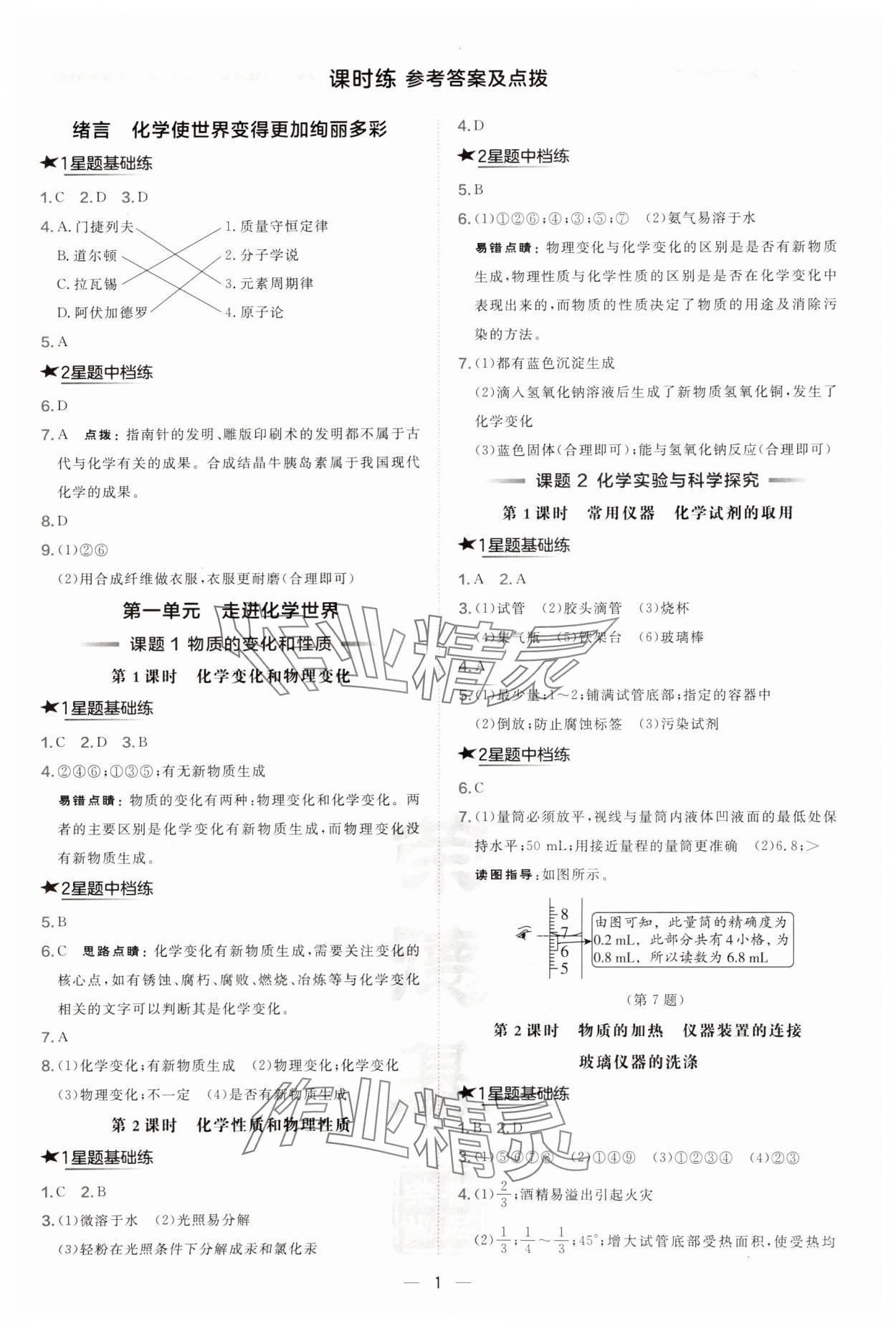 2024年點(diǎn)撥訓(xùn)練九年級(jí)化學(xué)上冊(cè)人教版安徽專(zhuān)版 參考答案第1頁(yè)