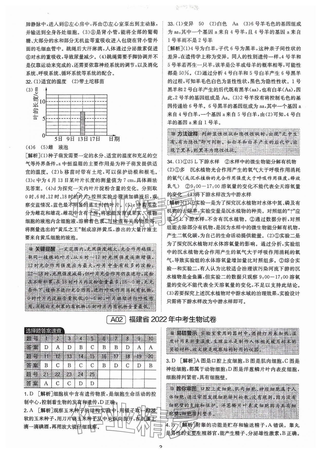 2024年春雨教育考必勝中考試卷精選生物福建專版 參考答案第3頁