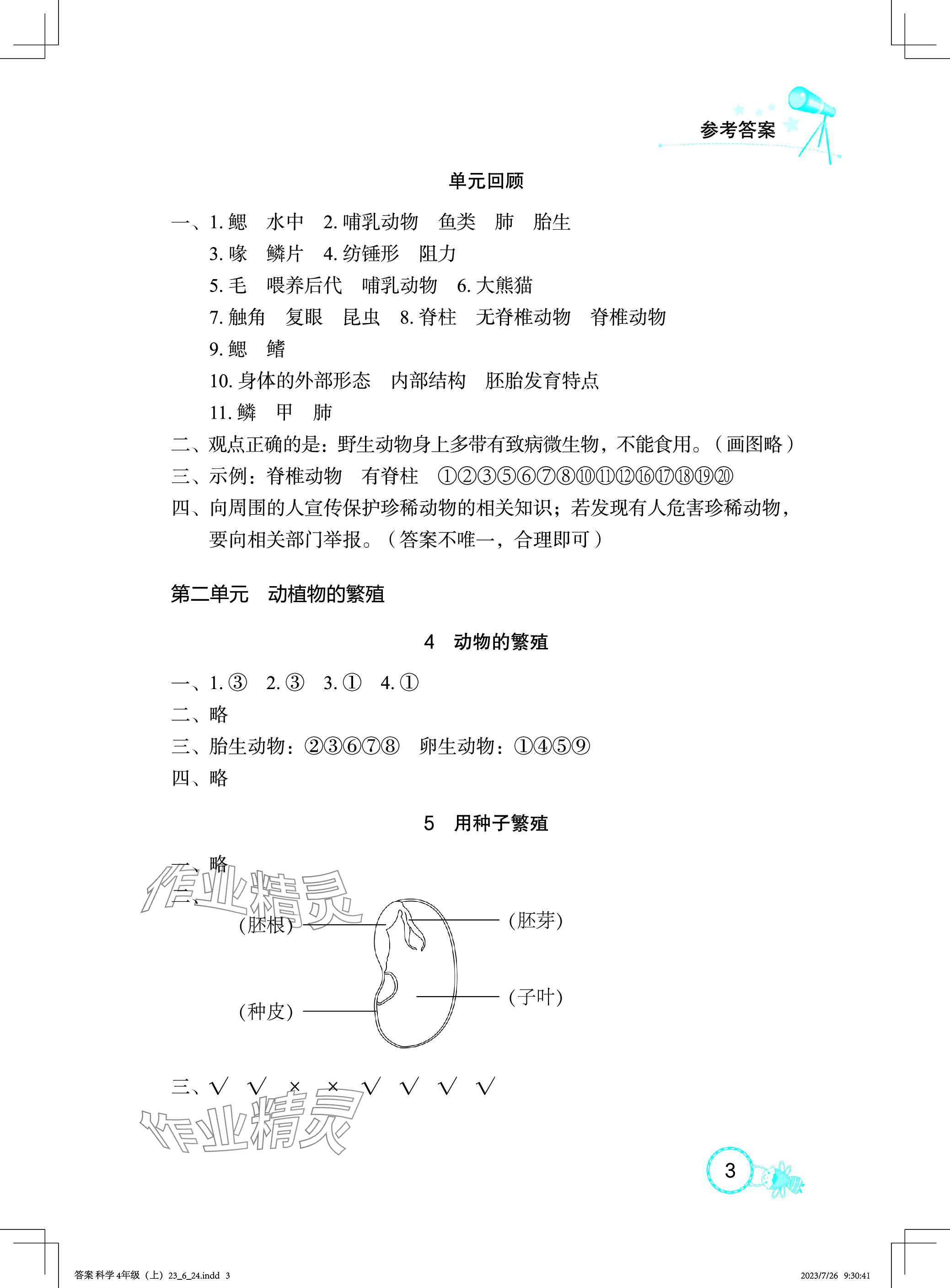 2023年长江作业本课堂作业四年级科学上册鄂教版 参考答案第3页