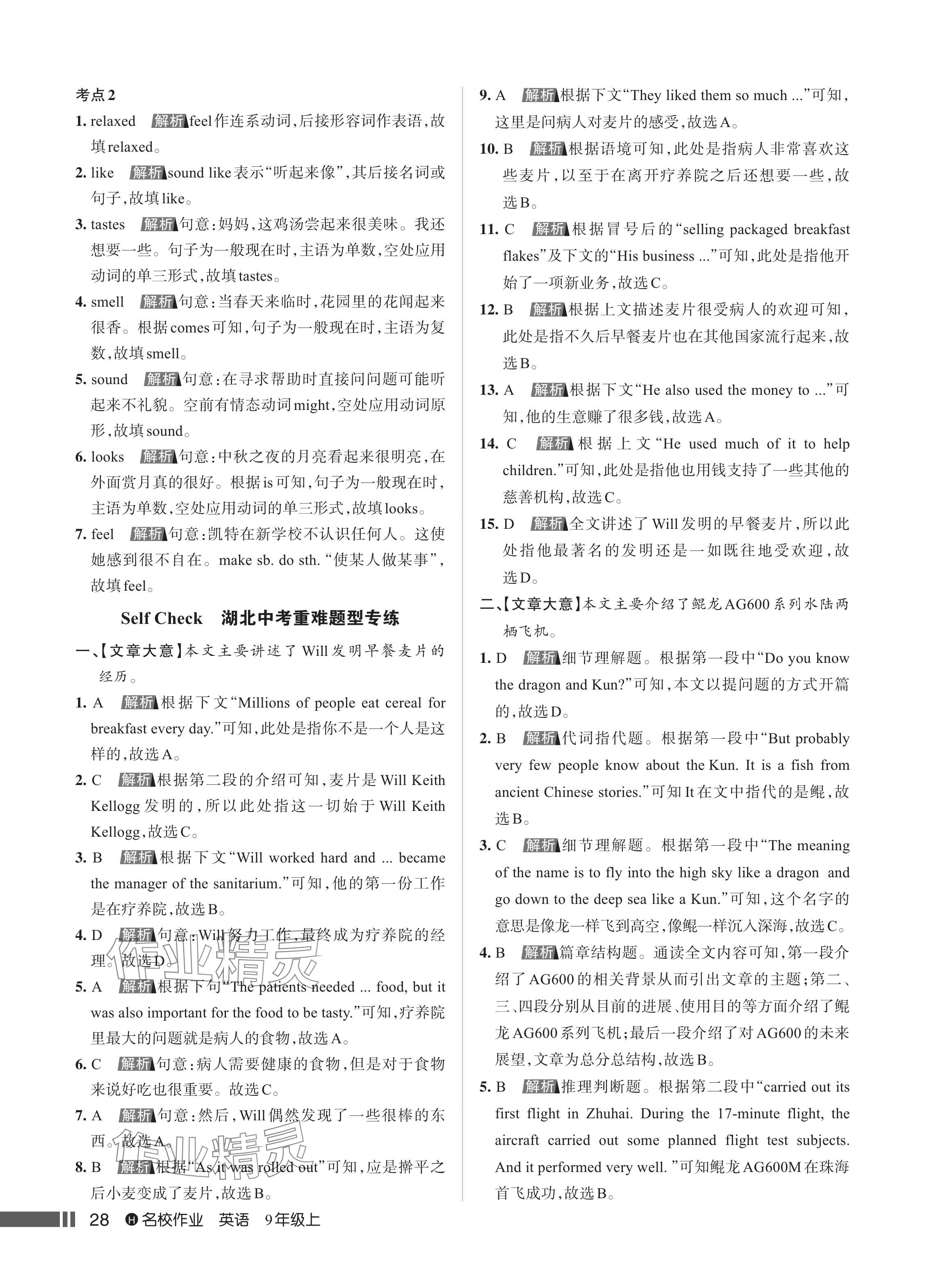 2024年名校作業(yè)九年級(jí)英語上冊(cè)人教版湖北專版 參考答案第29頁