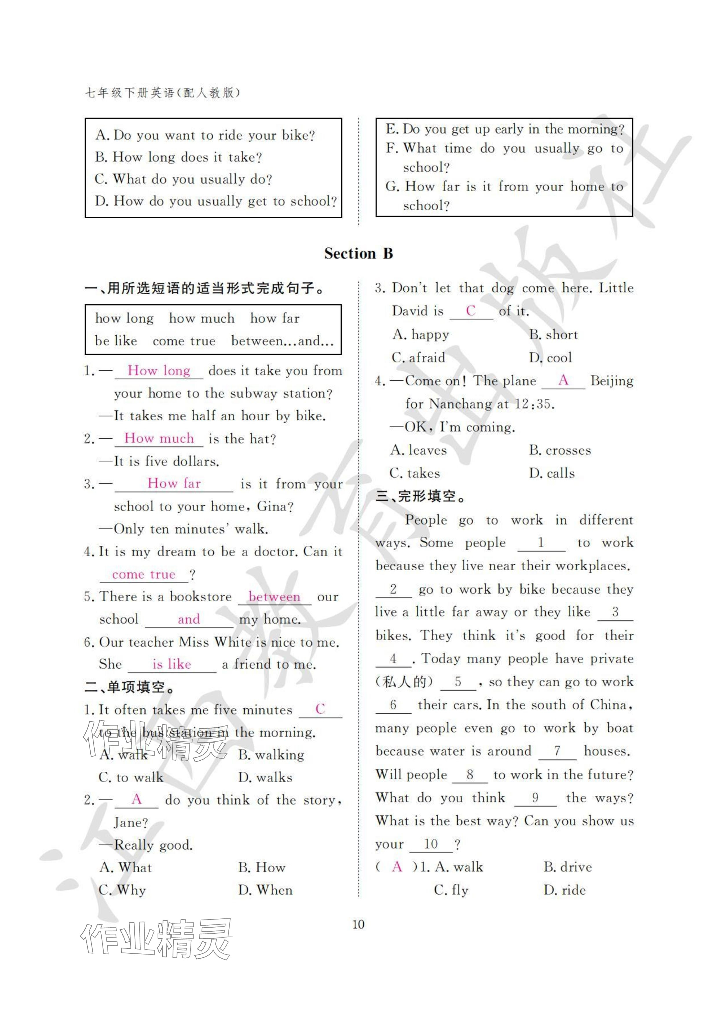 2024年作业本江西教育出版社七年级英语下册人教版 参考答案第10页