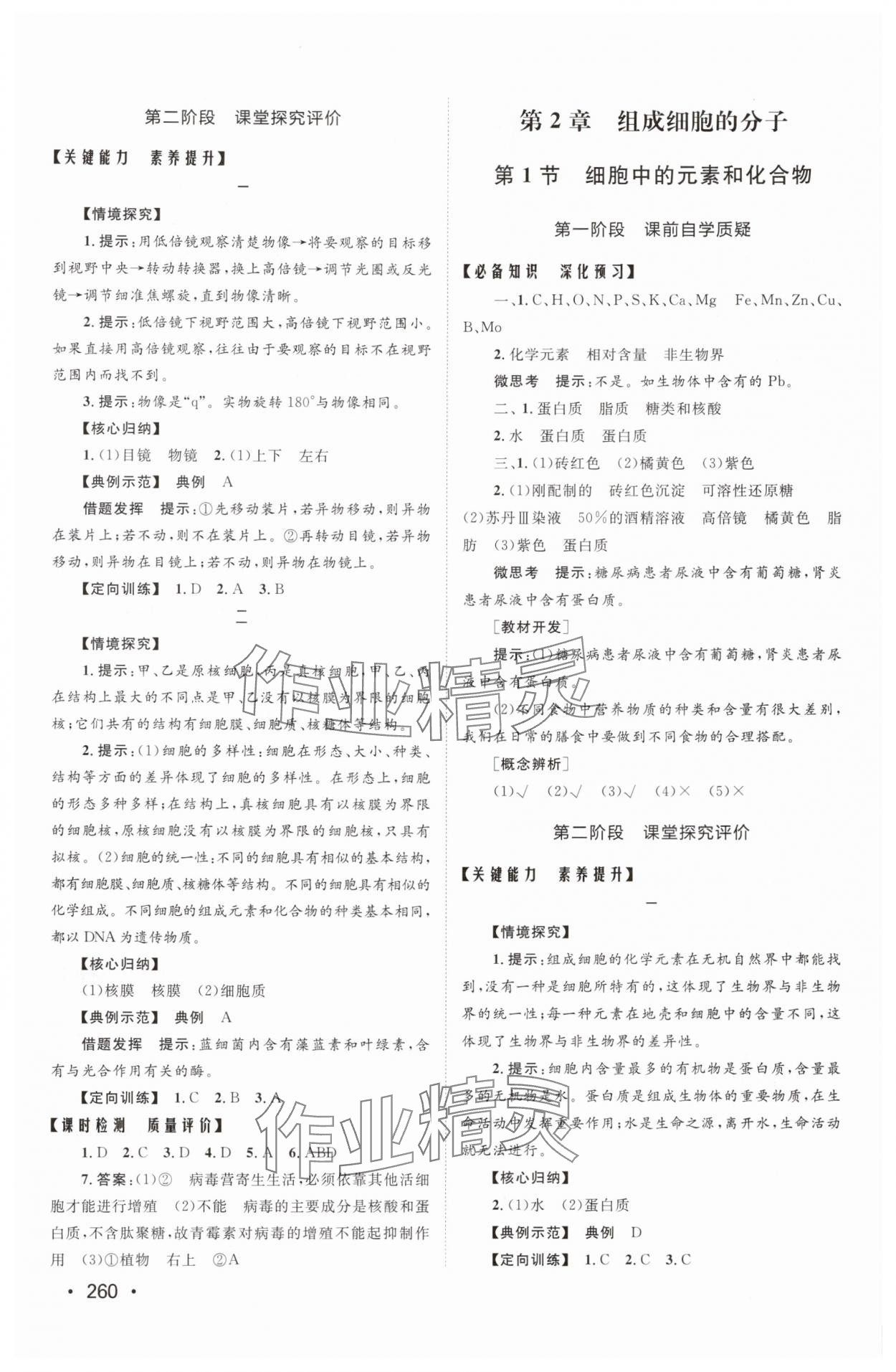 2025年同步练习册山东人民出版社高中生物必修1人教版 参考答案第2页