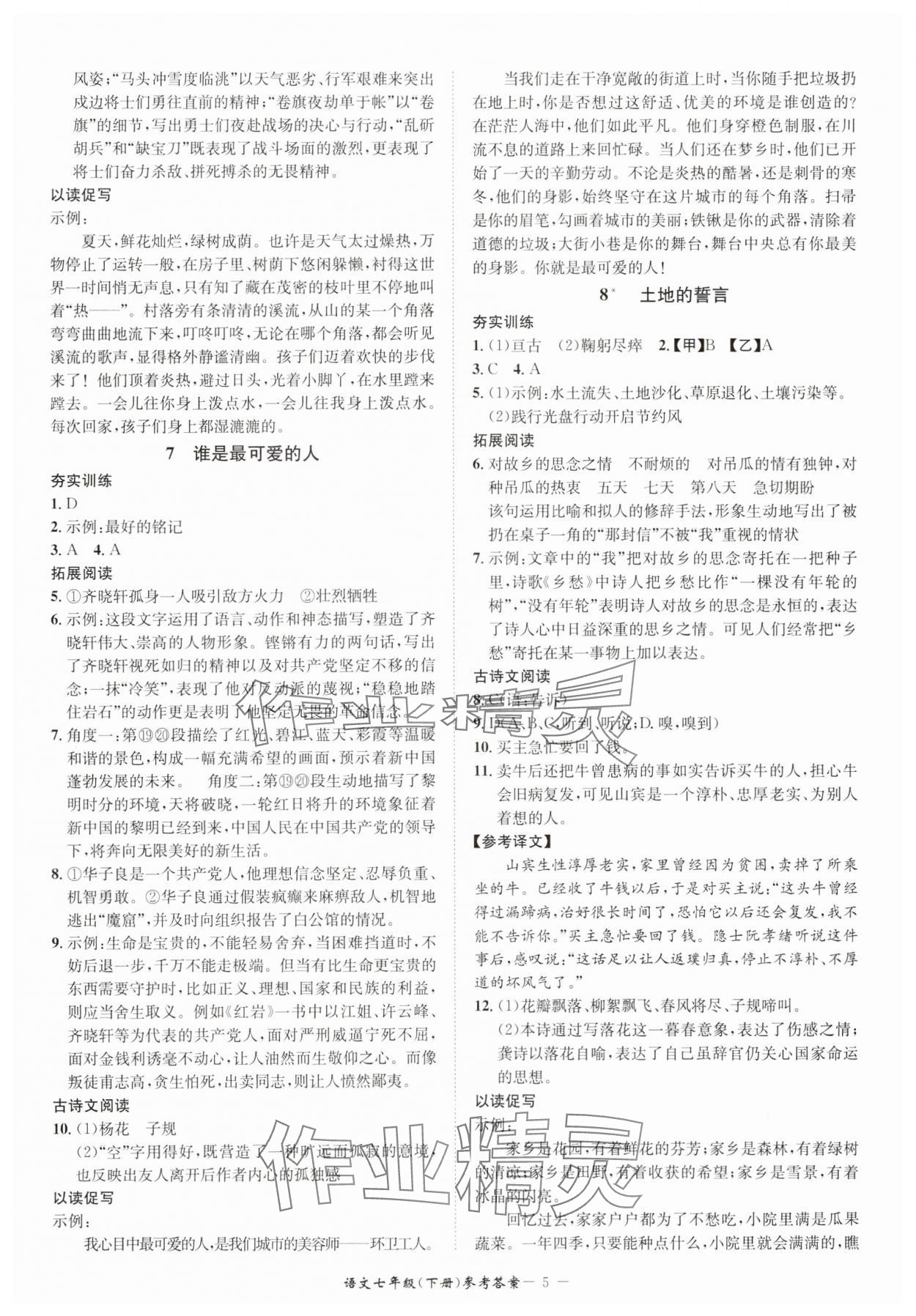 2025年名師金典BFB初中課時優(yōu)化七年級語文下冊人教版 參考答案第5頁