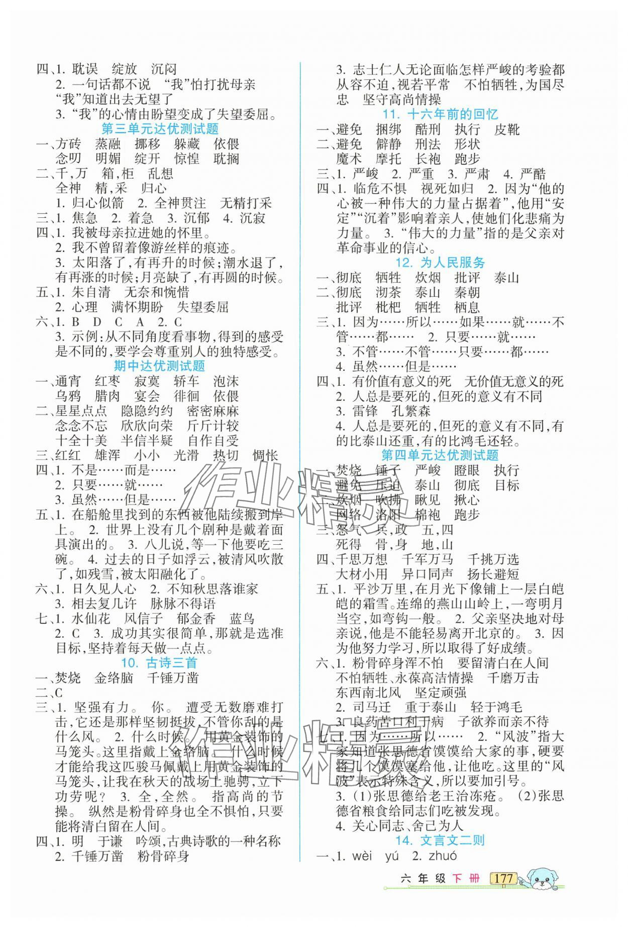 2025年重点难点新疆青少年出版社六年级语文下册人教版 参考答案第2页