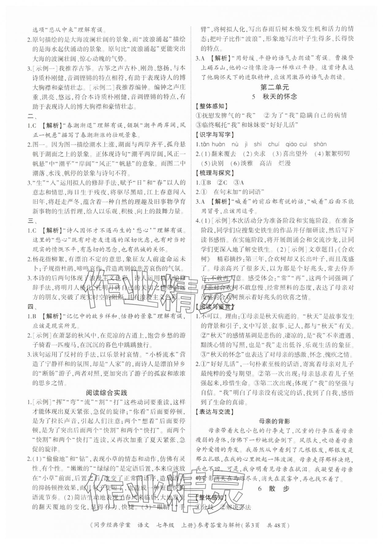 2024年同步經(jīng)典學(xué)案七年級語文上冊人教版深圳專版 參考答案第3頁