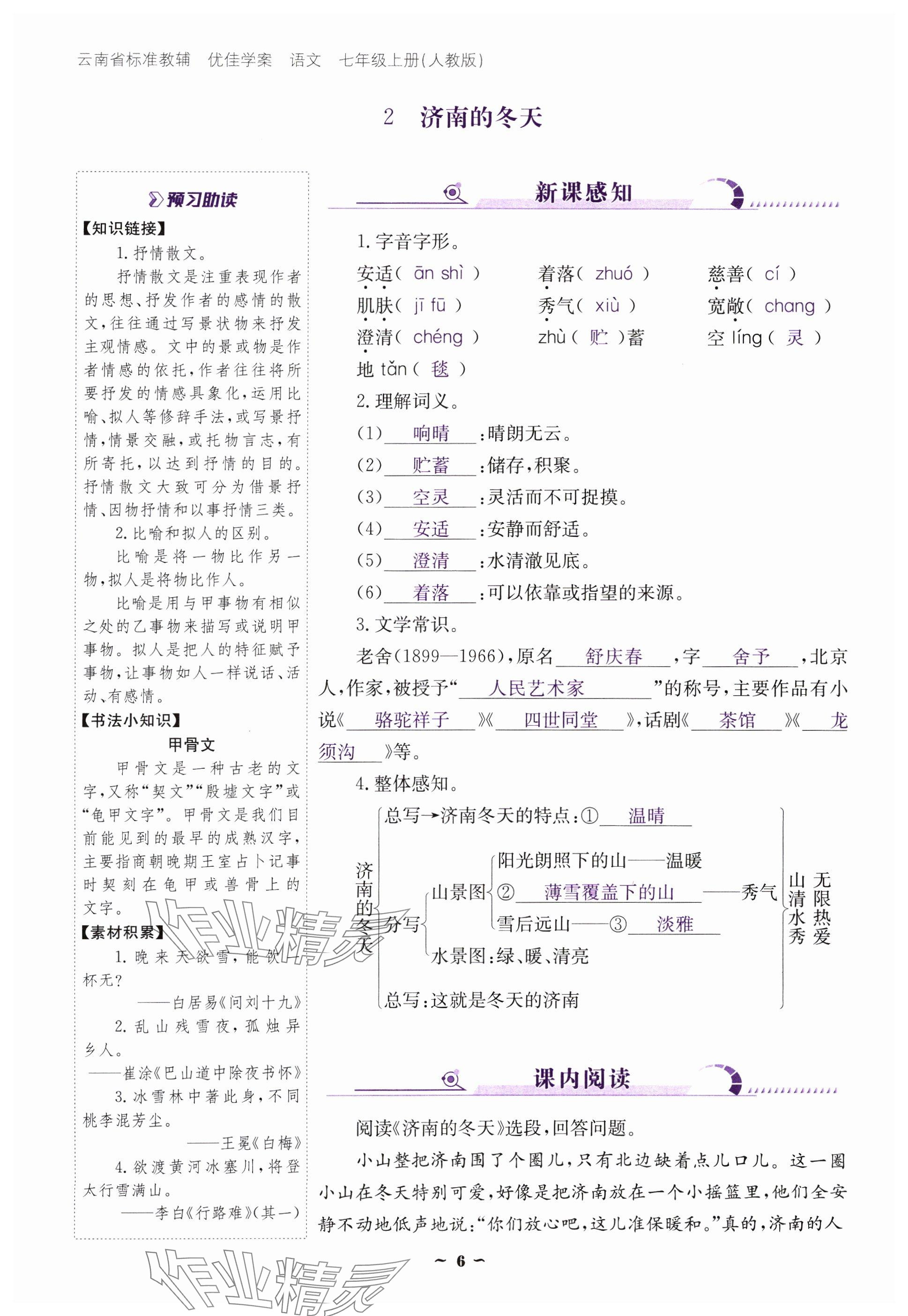 2024年云南省標準教輔優(yōu)佳學案七年級語文上冊人教版 參考答案第6頁