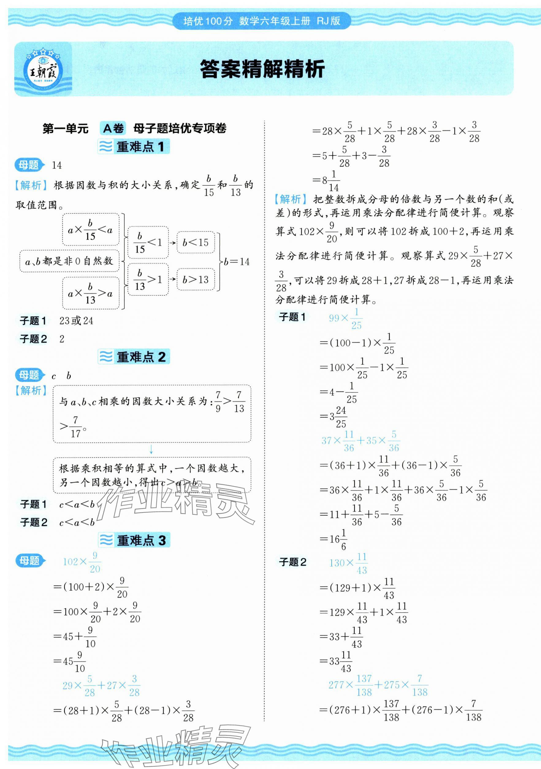 2024年王朝霞培优100分六年级数学上册人教版 参考答案第1页