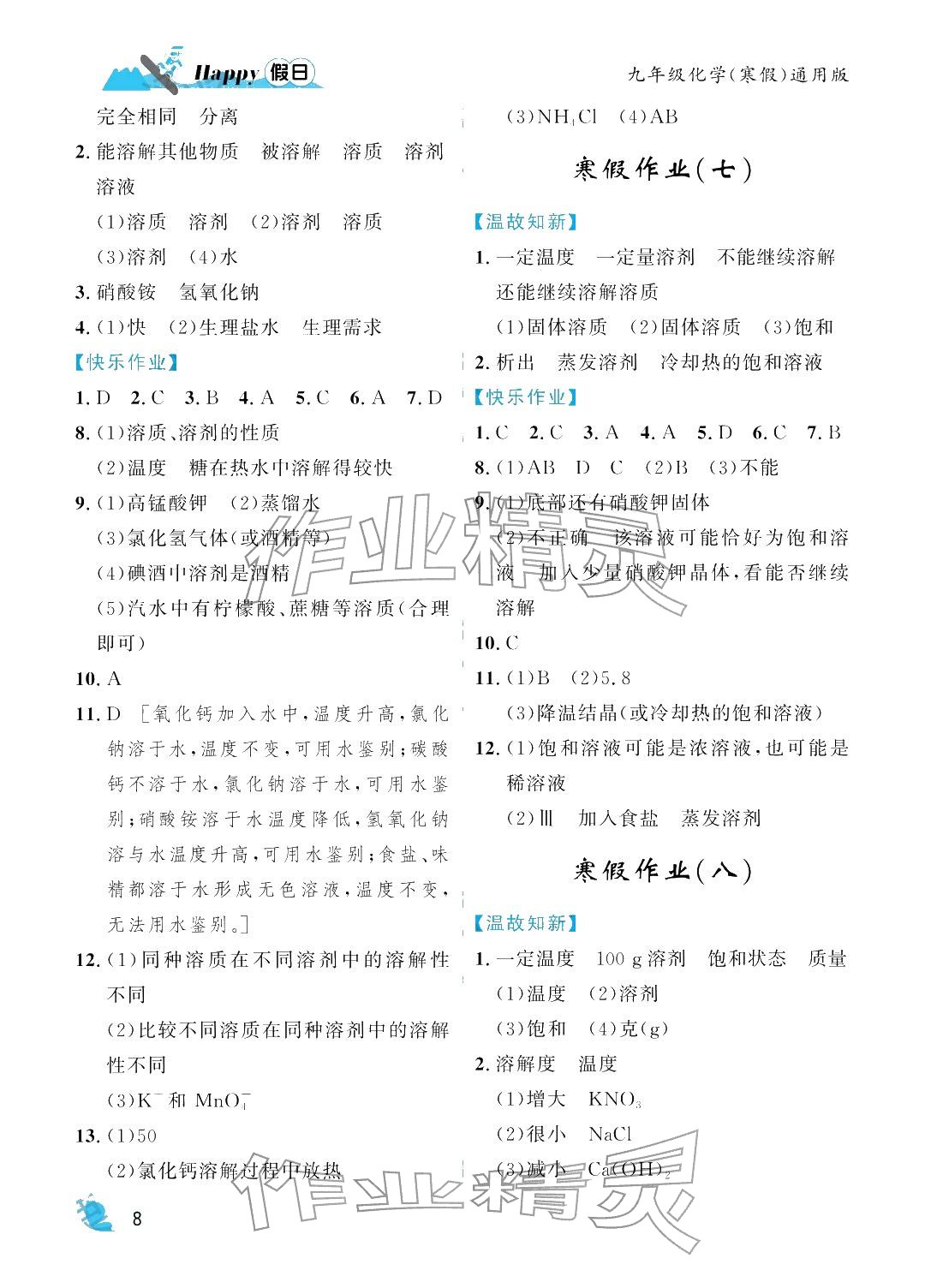 2026年寒假Happy假日九年级化学通用版&nbsp;参考答案第8页