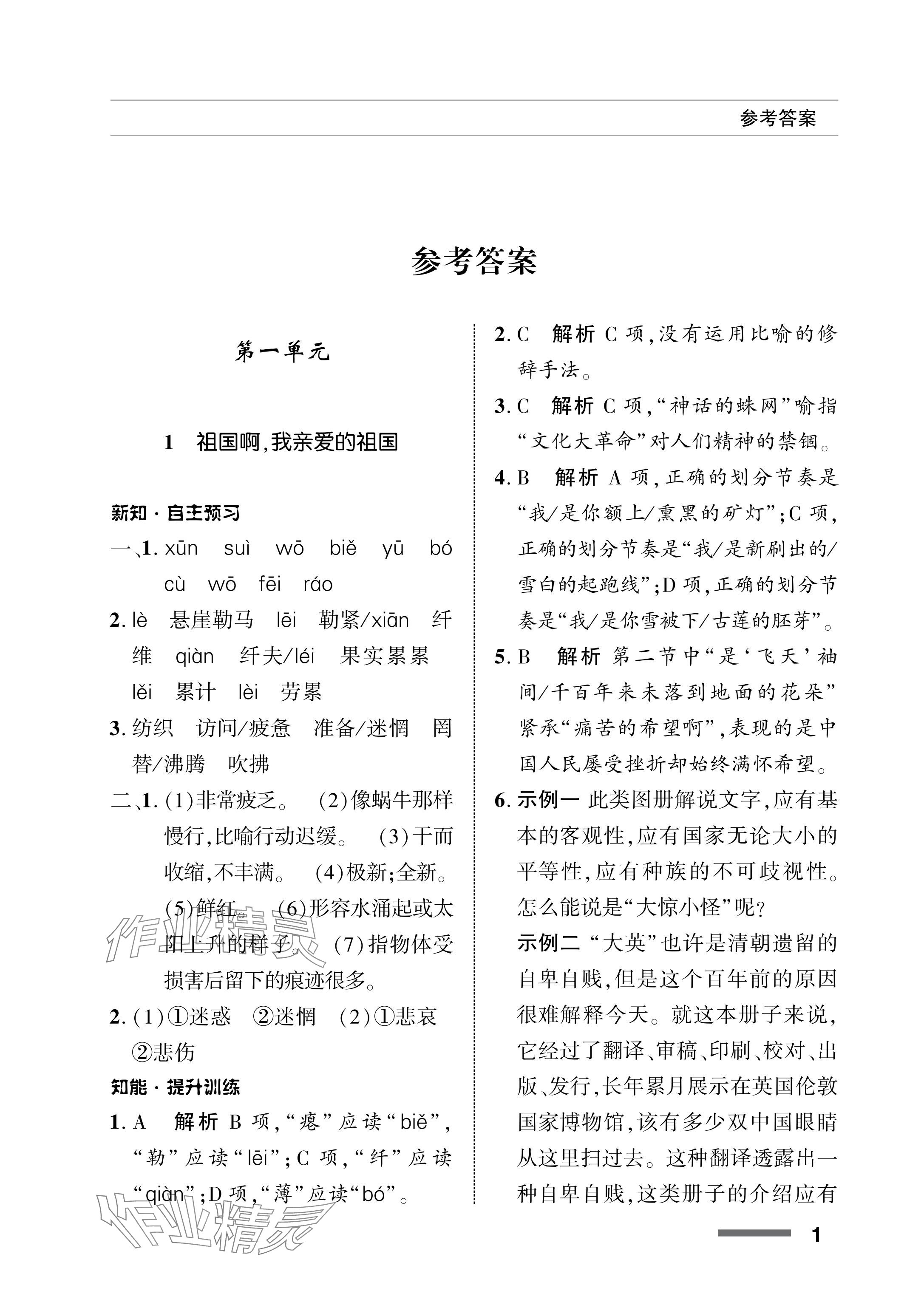 2024年配套综合练习甘肃九年级语文下册人教版 参考答案第1页