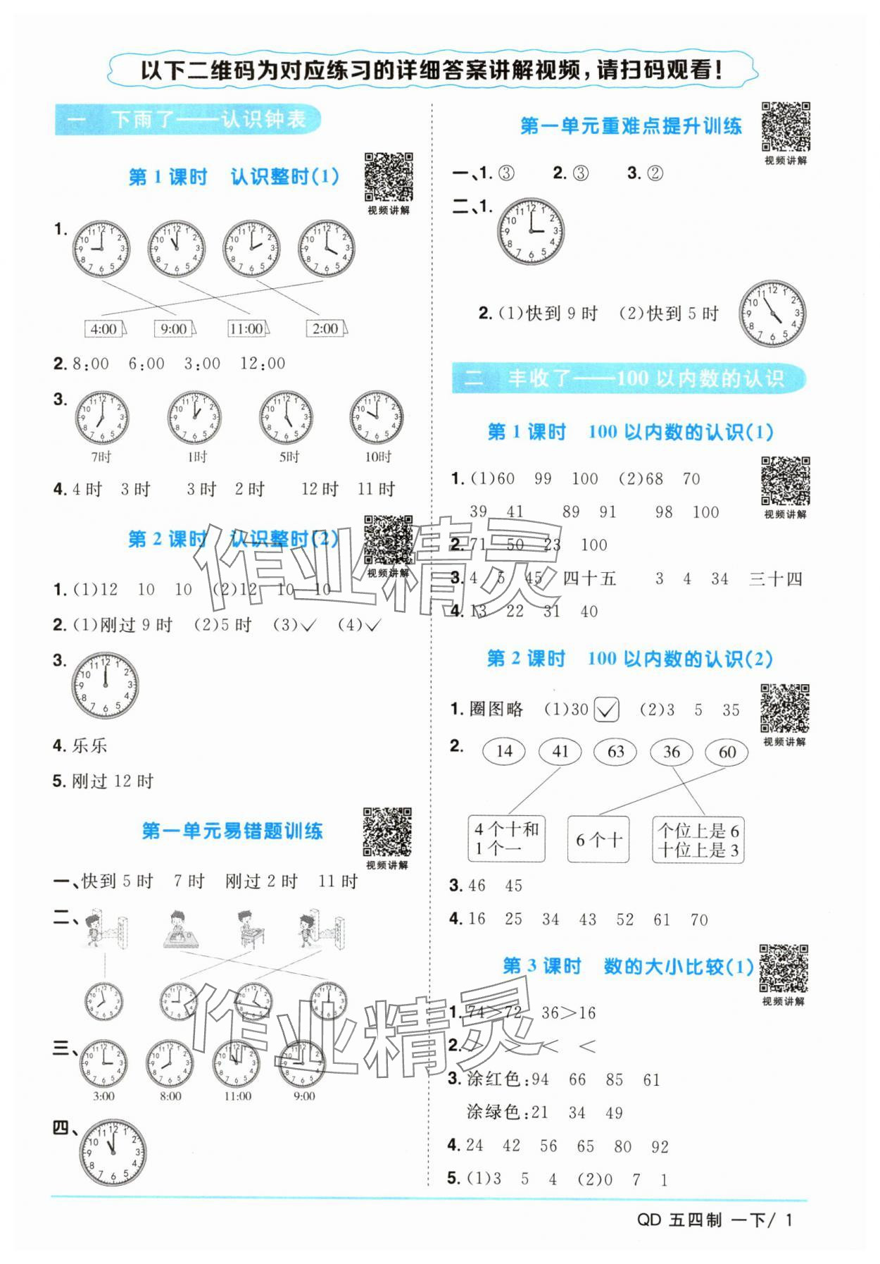 2024年陽光同學課時優(yōu)化作業(yè)一年級數學下冊青島版五四制 參考答案第1頁