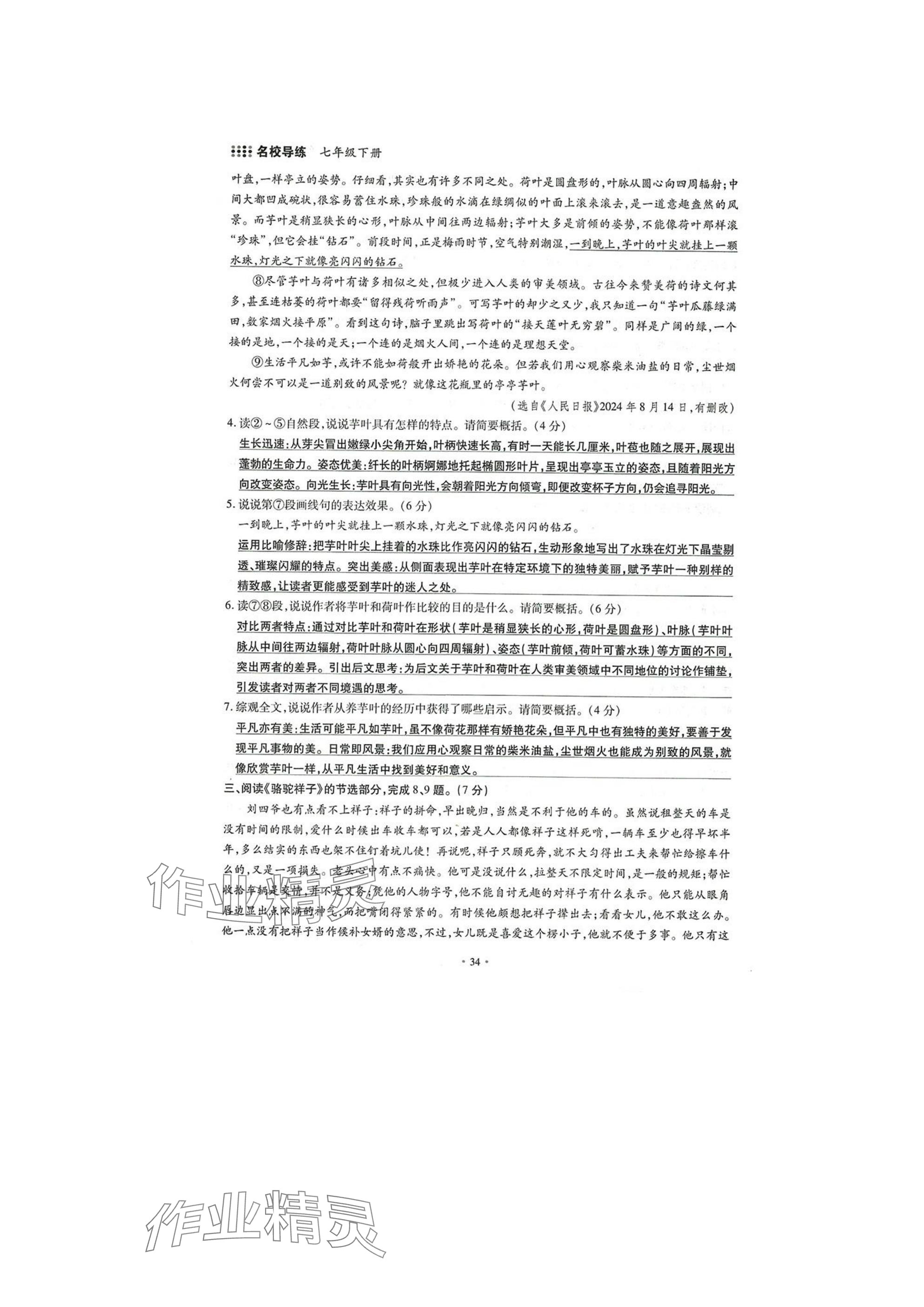 2025年名校导练七年级语文下册人教版 参考答案第34页