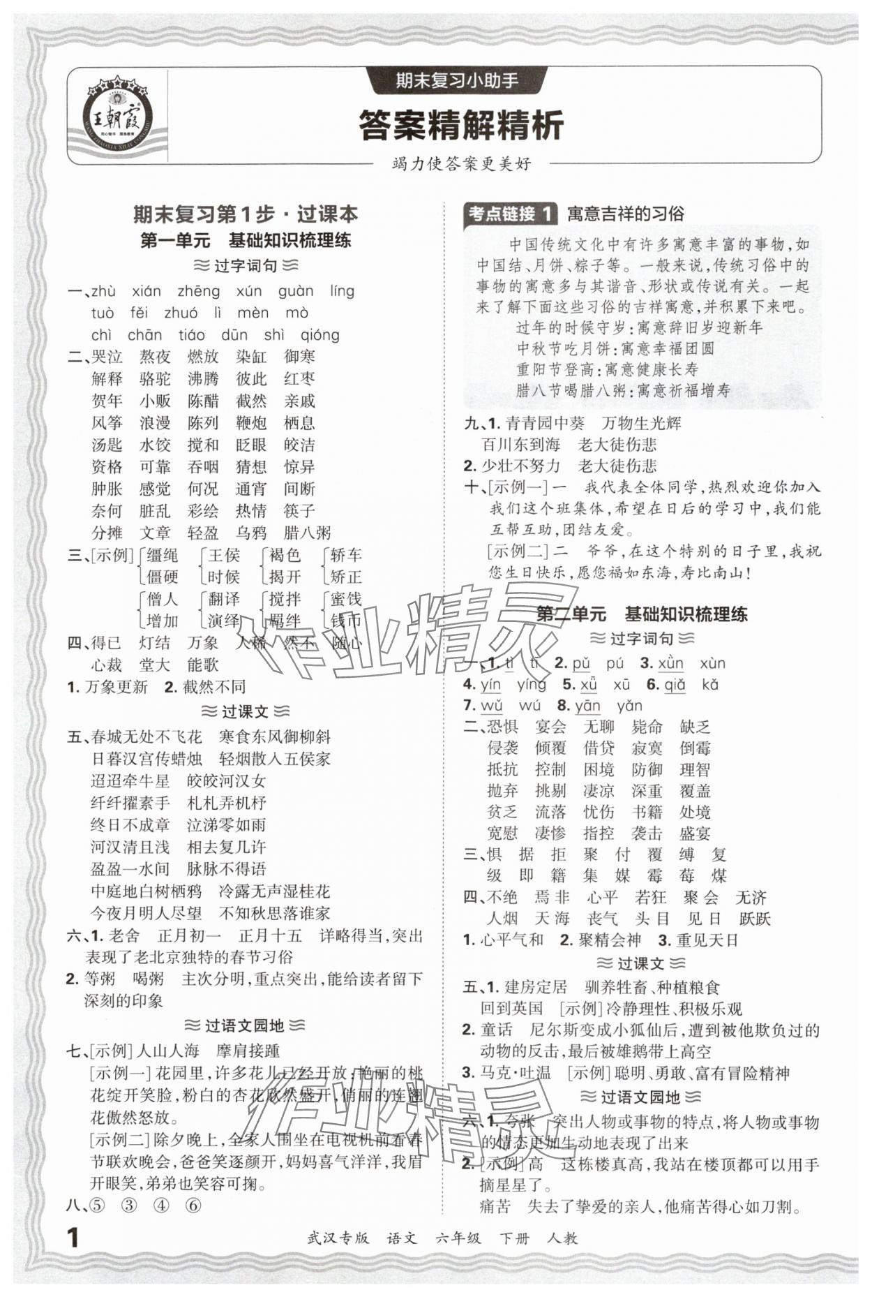 2025年王朝霞期末真題精編六年級語文下冊人教版武漢專版 參考答案第1頁