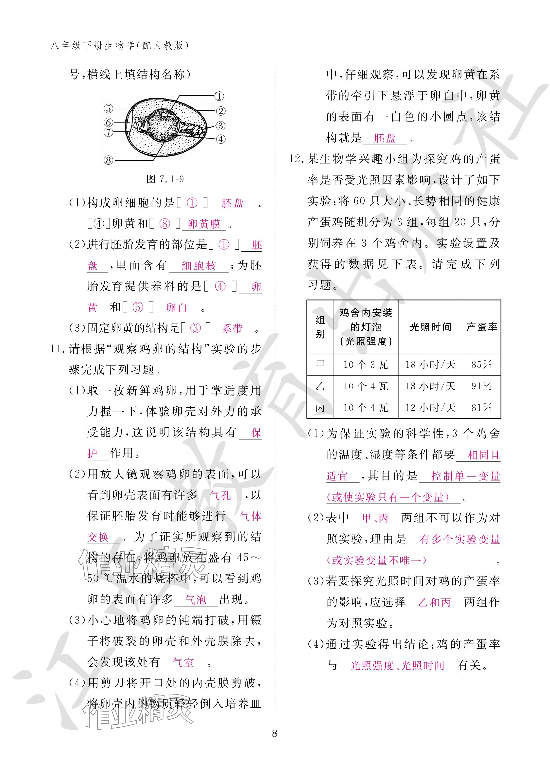 2024年作业本江西教育出版社八年级生物下册人教版 参考答案第8页