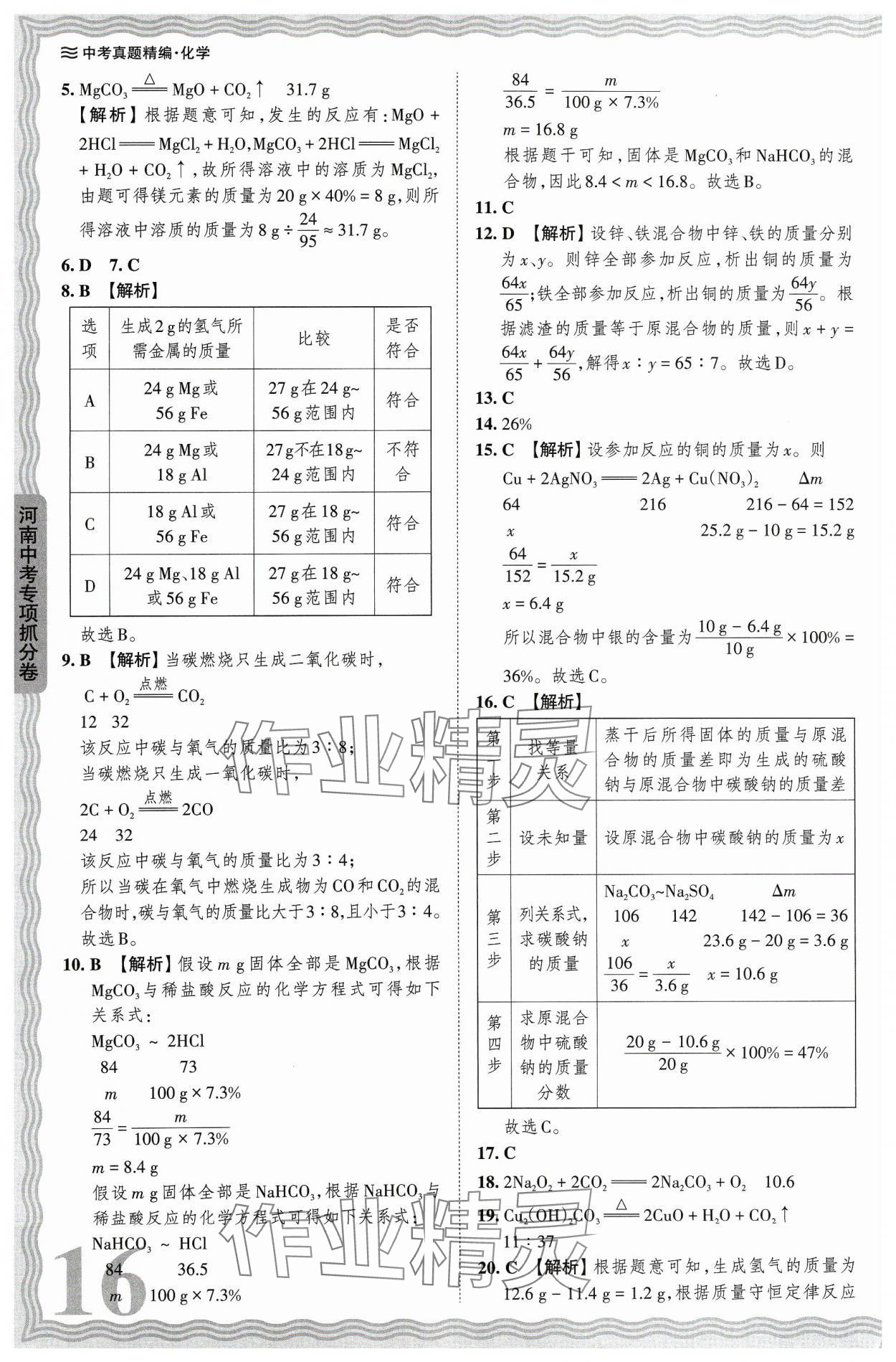 2024年王朝霞中考真题精编化学河南中考 参考答案第16页