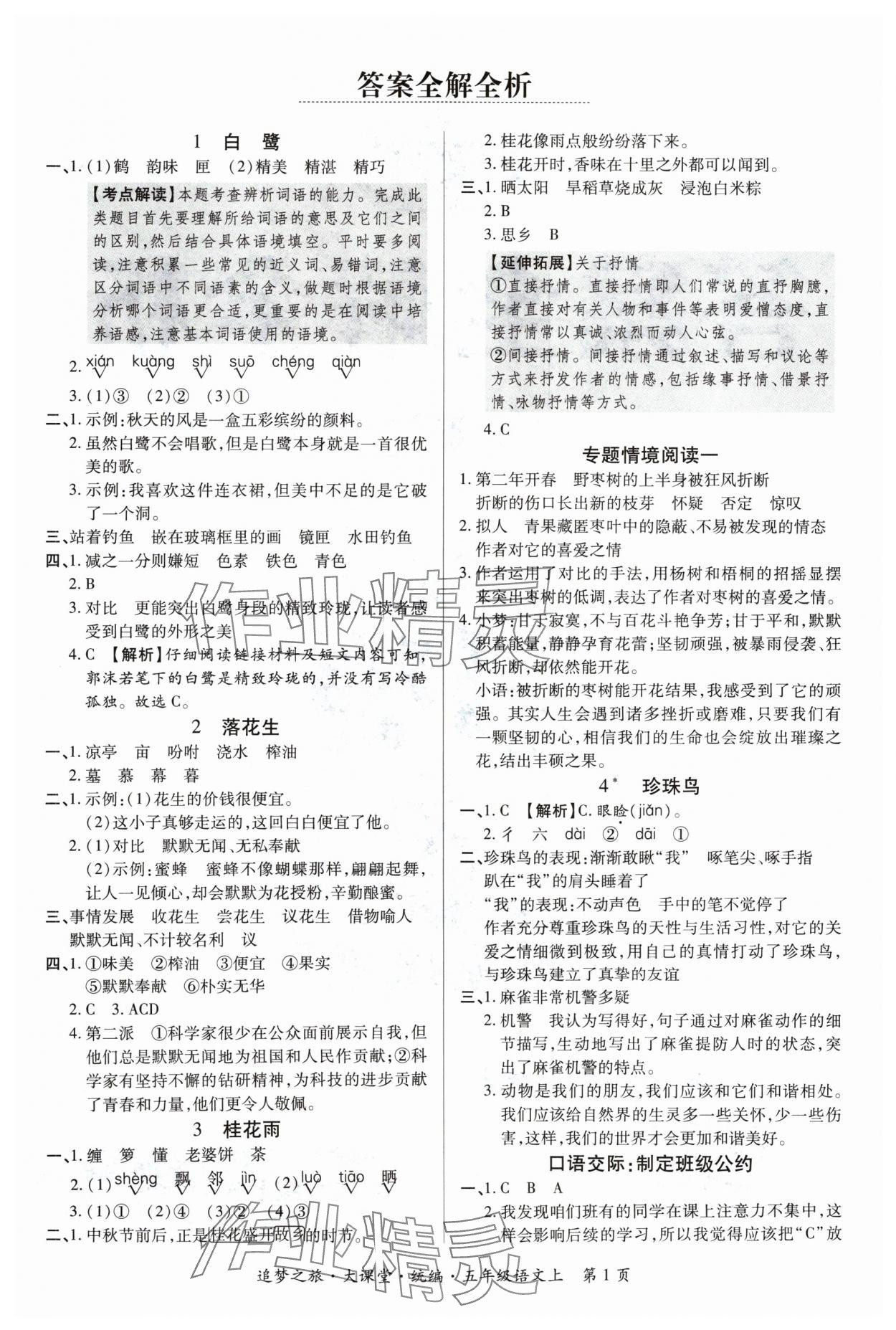 2024年追夢(mèng)之旅大課堂五年級(jí)語(yǔ)文上冊(cè)人教版河南專版 參考答案第1頁(yè)