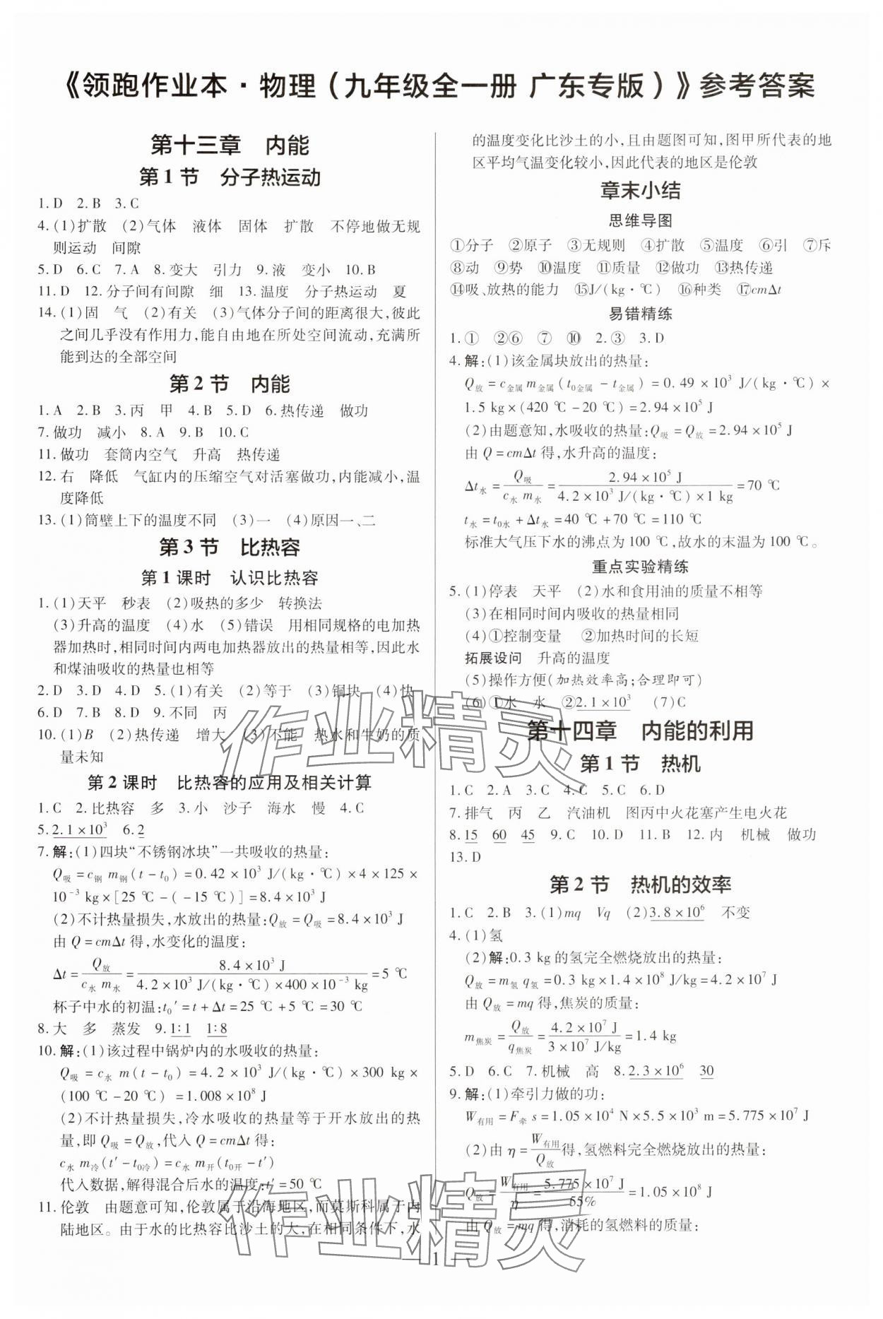 2024年領(lǐng)跑作業(yè)本九年級(jí)物理全一冊人教版廣東專版 第1頁