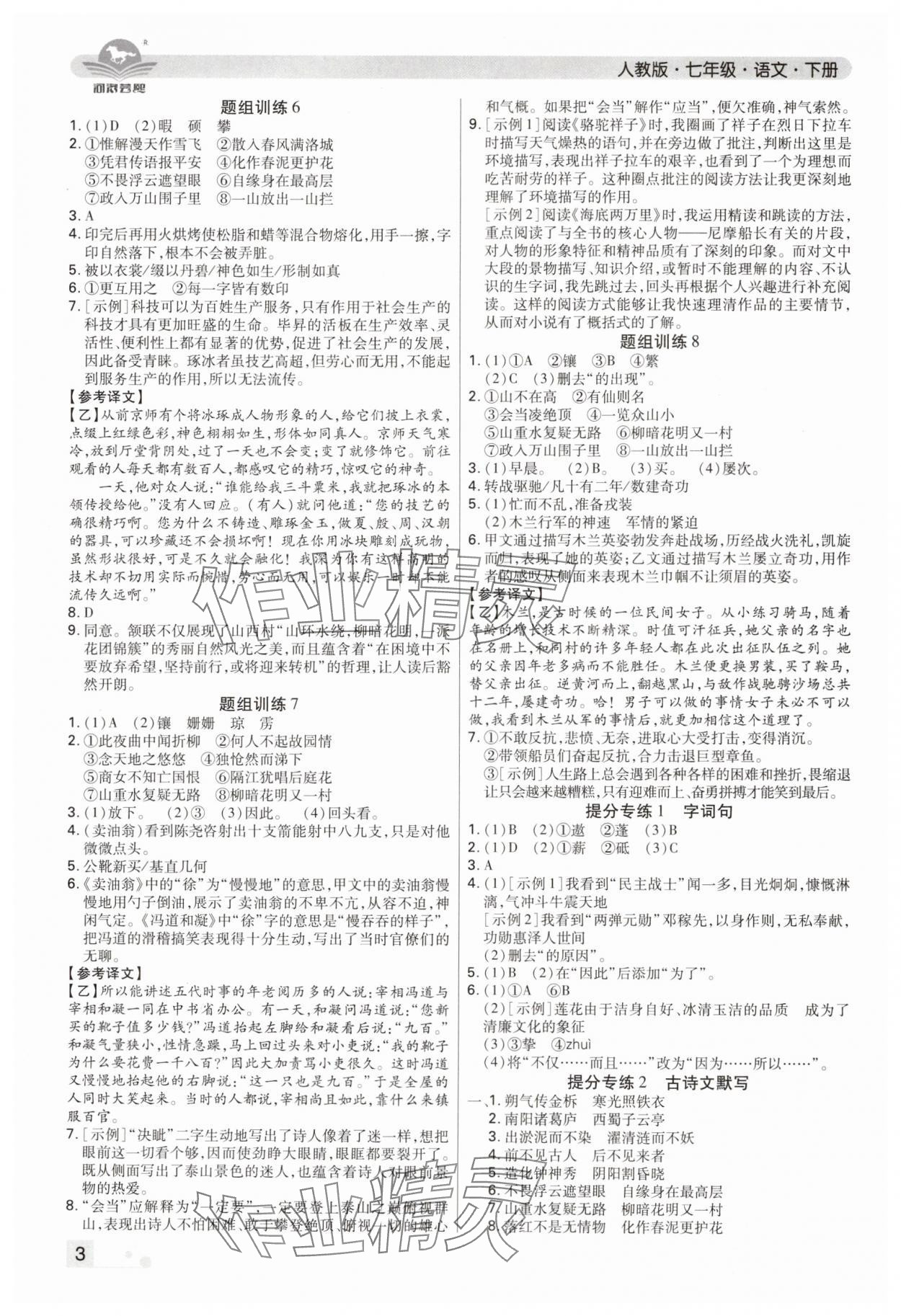 2024年期末考试必刷卷七年级语文下册人教版郑州专版 参考答案第3页