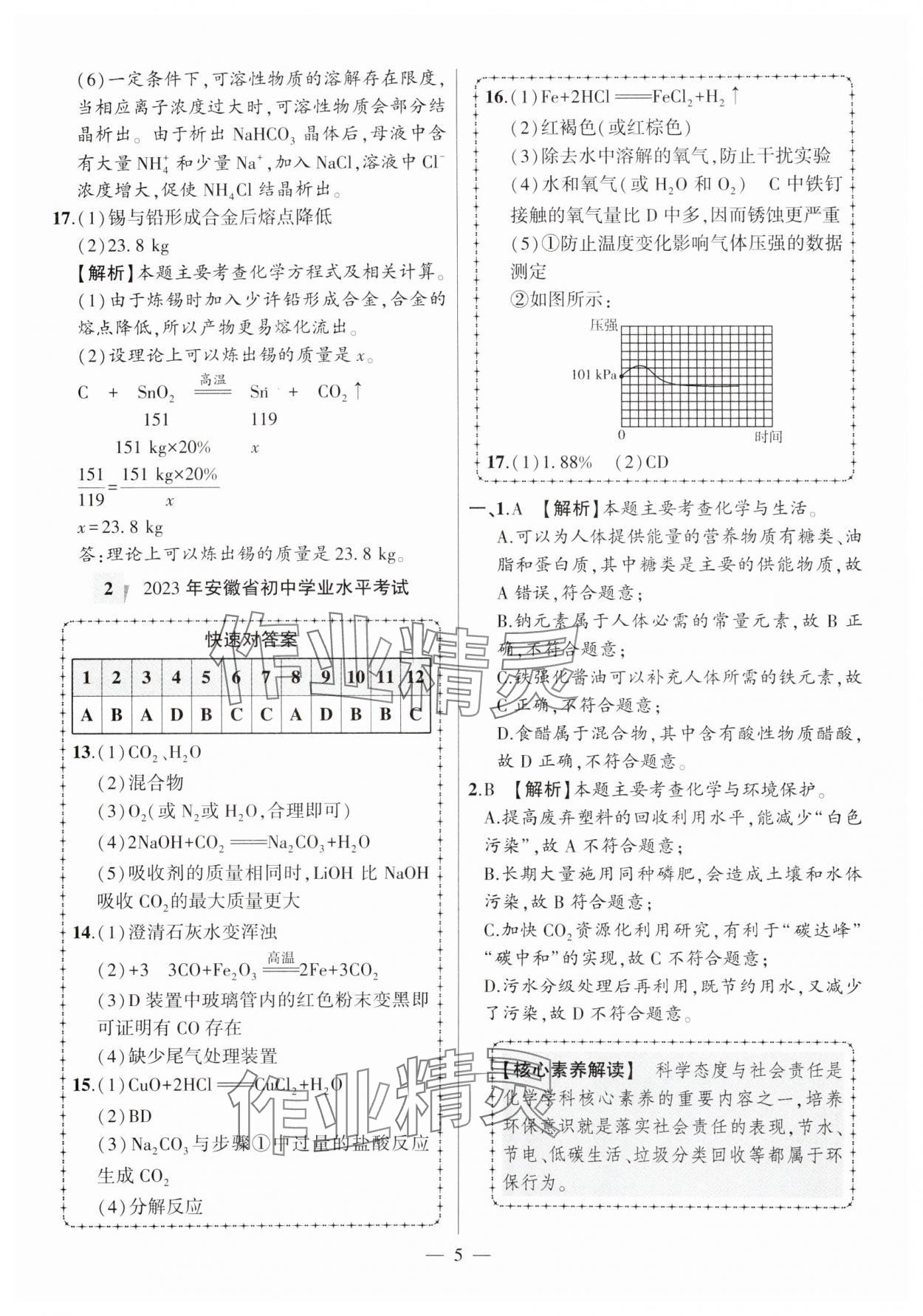 2025年秒殺中考安徽中考化學安徽專版 參考答案第5頁