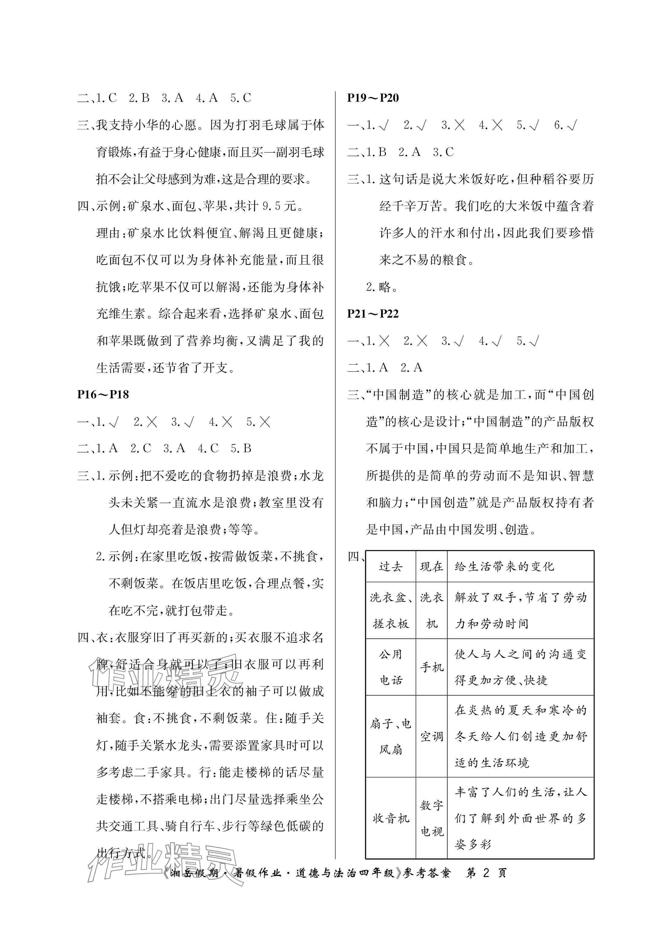 2024年湘岳假期暑假作业四年级道德与法治人教版 参考答案第2页