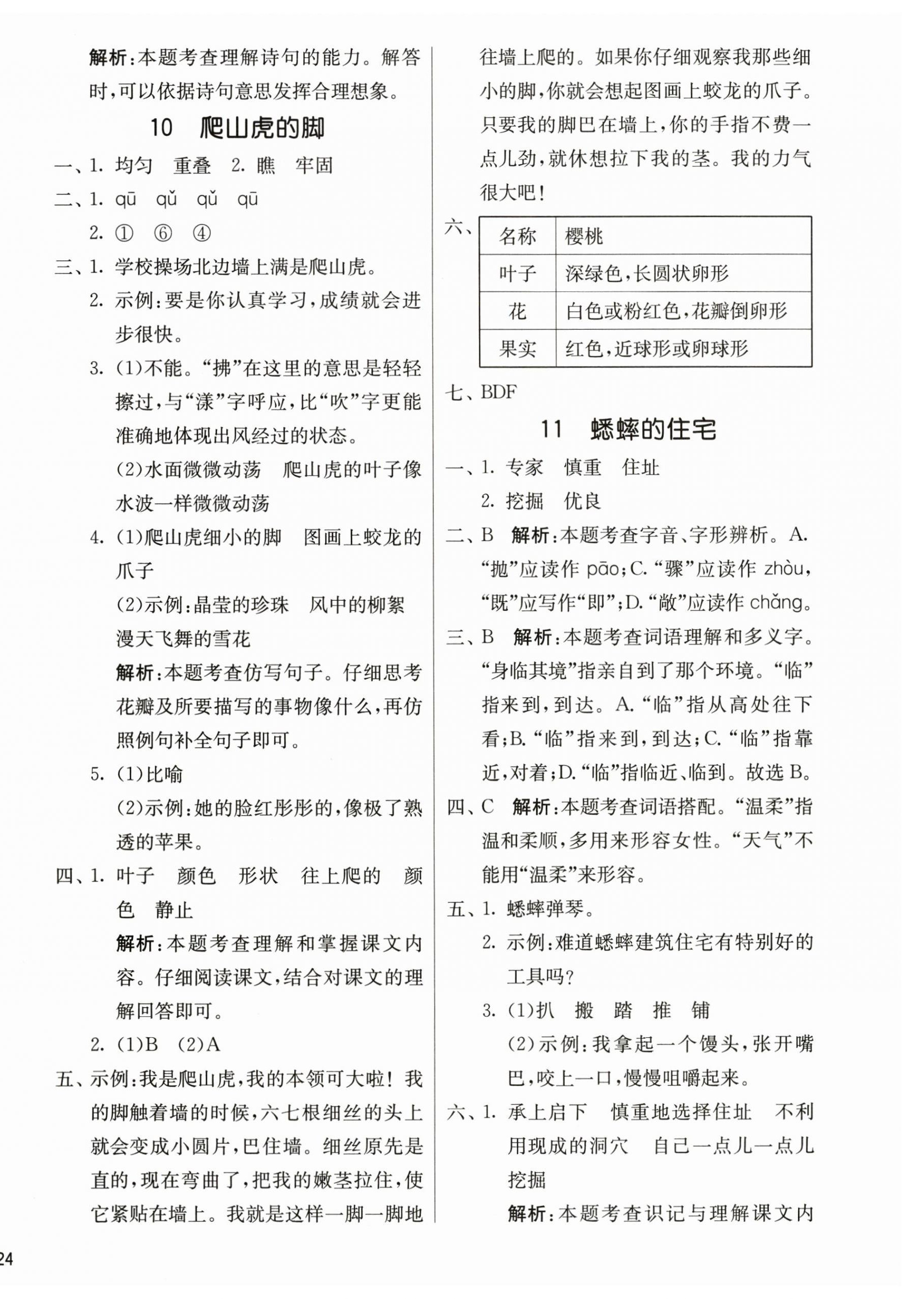 2025年課時訓練江蘇人民出版社四年級語文上冊人教版 參考答案第8頁