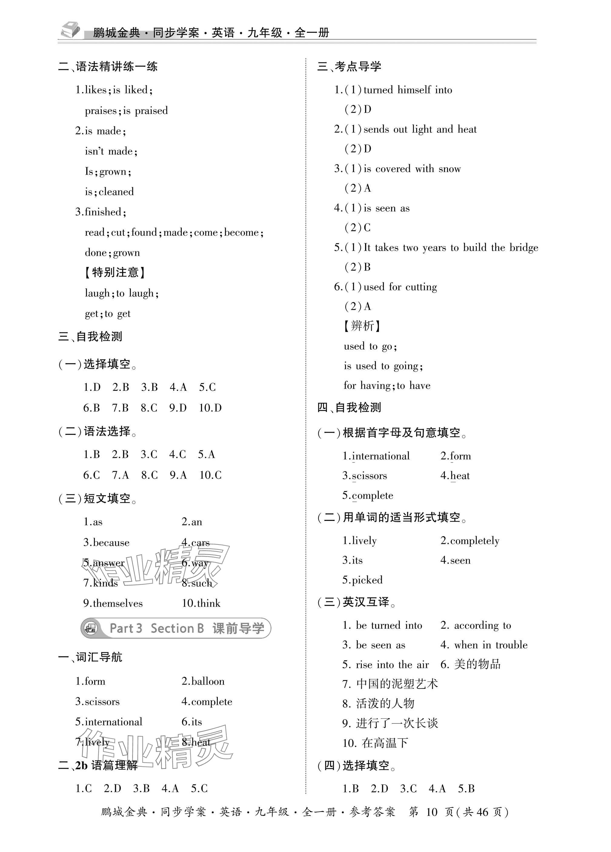 2025年名师帮同步学案九年级英语全一册人教版&nbsp;参考答案第10页