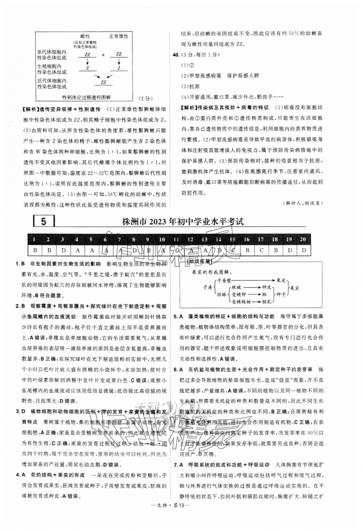 2024年天利38套中考試題精選生物湖南專版 參考答案第13頁