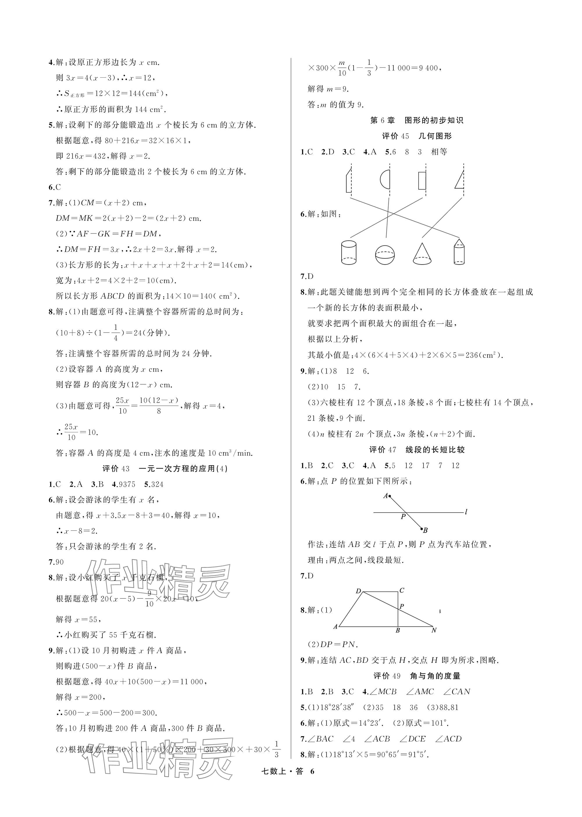 2025年名师面对面学科素养评价七年级数学上册浙教版&nbsp;参考答案第6页