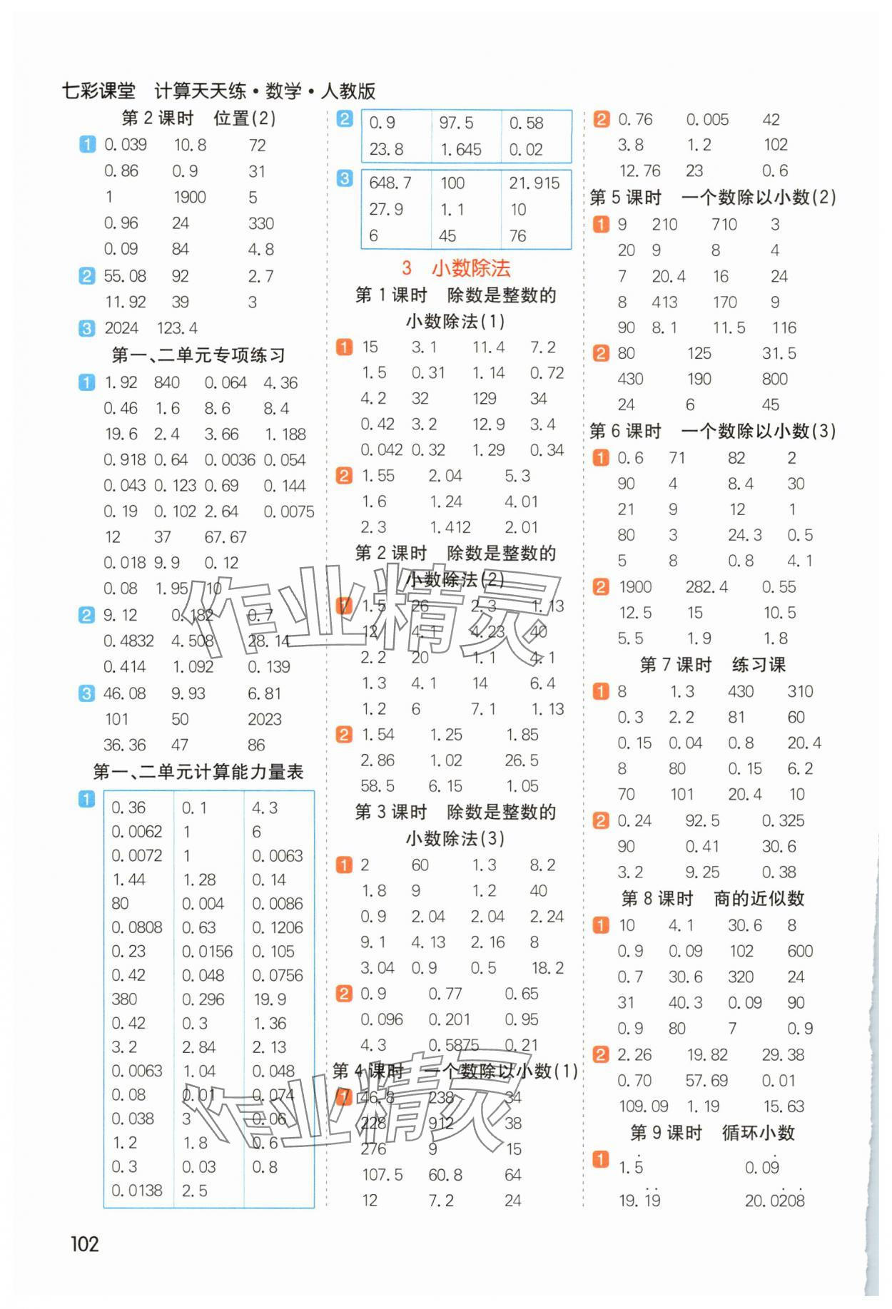 2025年七彩課堂計(jì)算天天練五年級(jí)數(shù)學(xué)上冊人教版 參考答案第2頁
