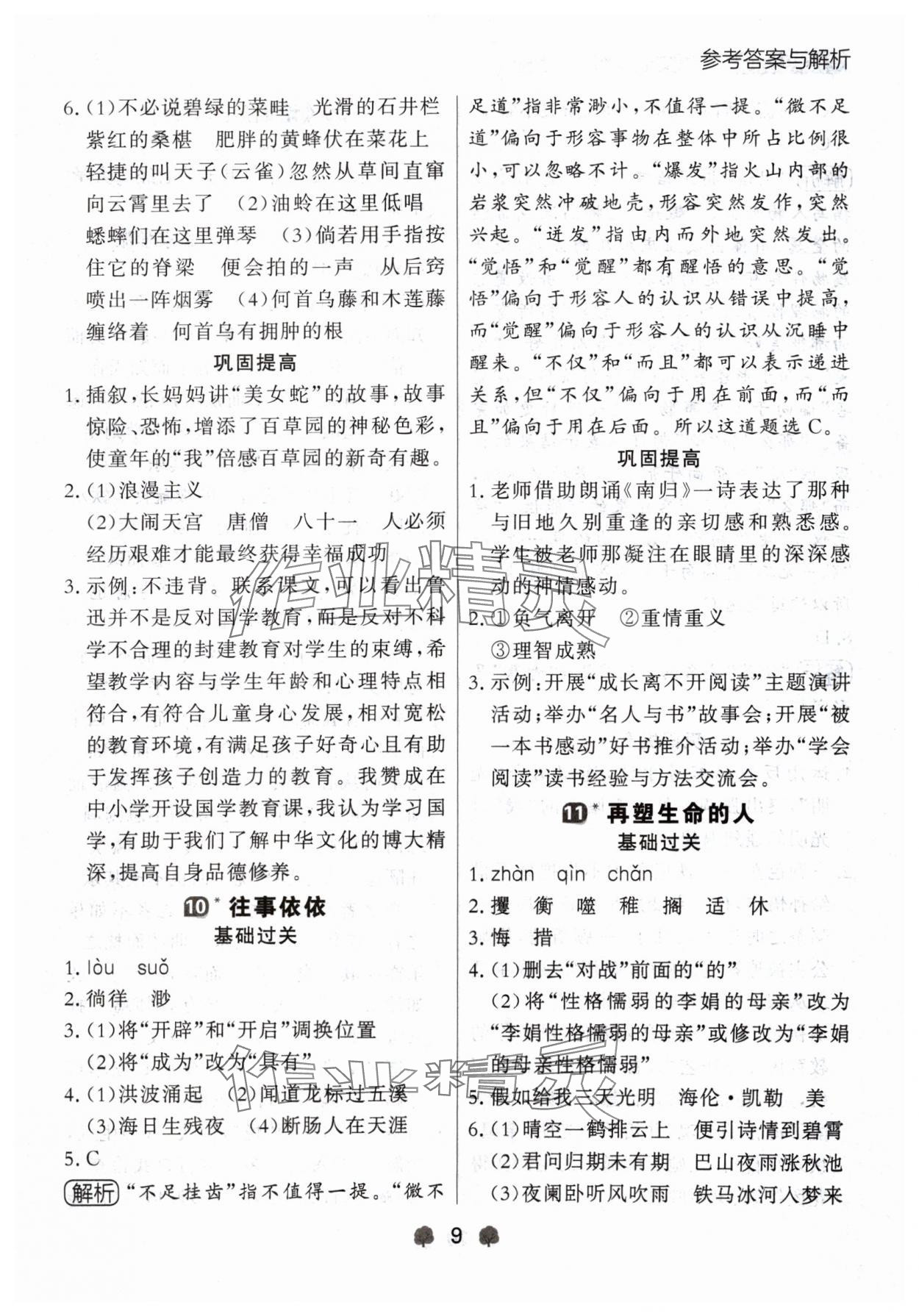 2024年點(diǎn)石成金金牌每課通七年級語文上冊人教版遼寧專版 參考答案第9頁