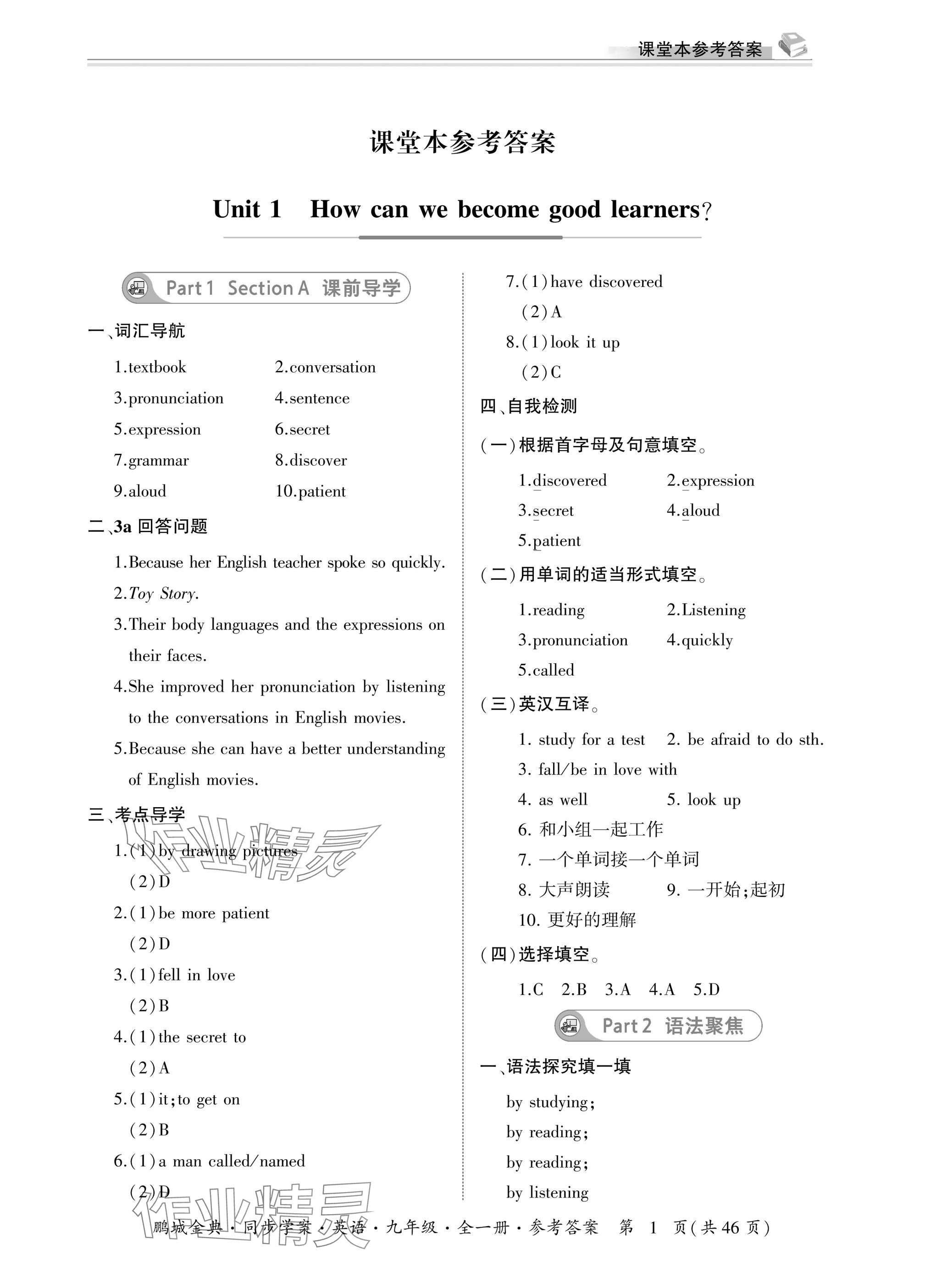 2025年名师帮同步学案九年级英语全一册人教版 参考答案第1页
