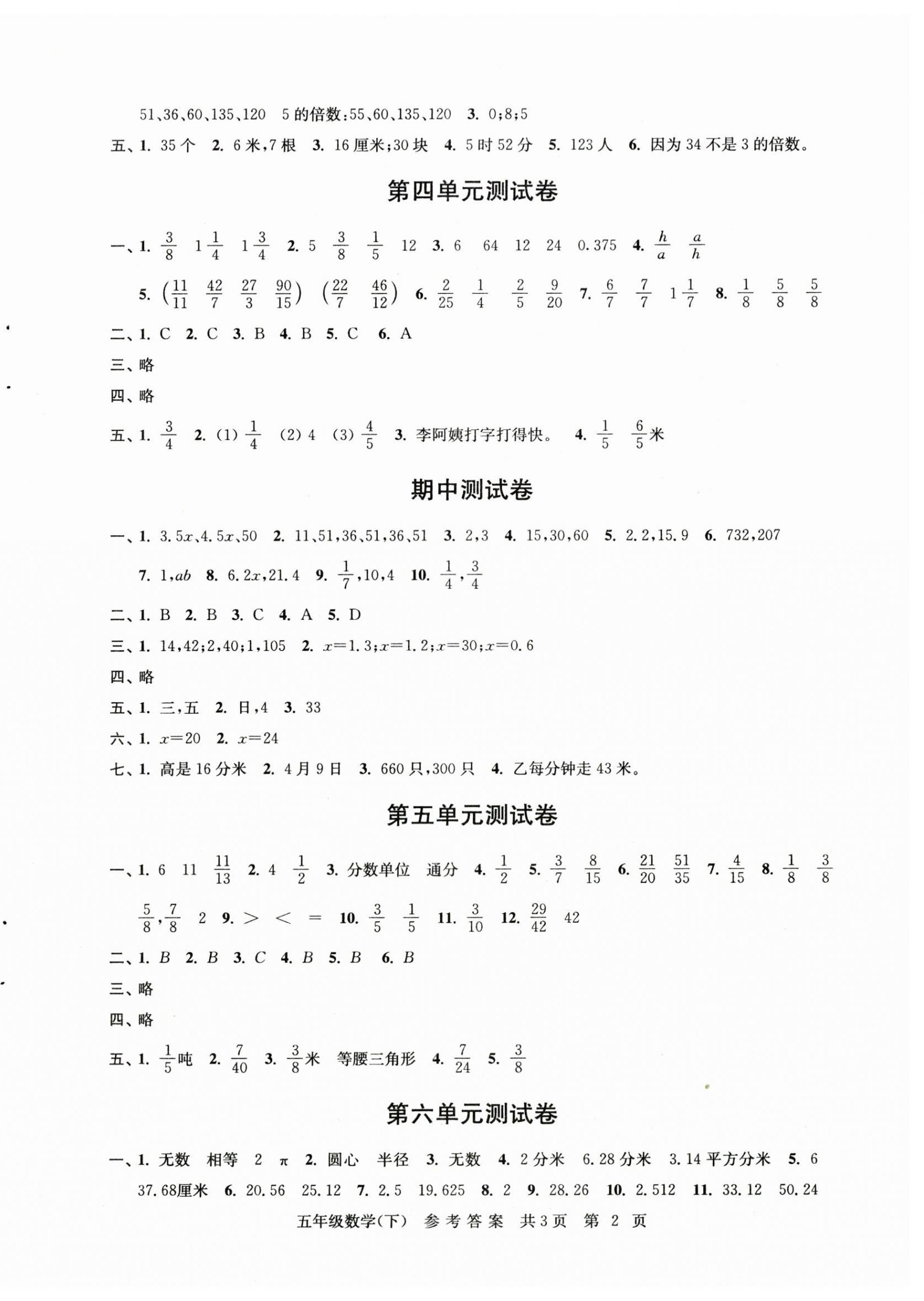 2025年伴你学单元达标测试卷五年级数学下册苏教版 参考答案第2页