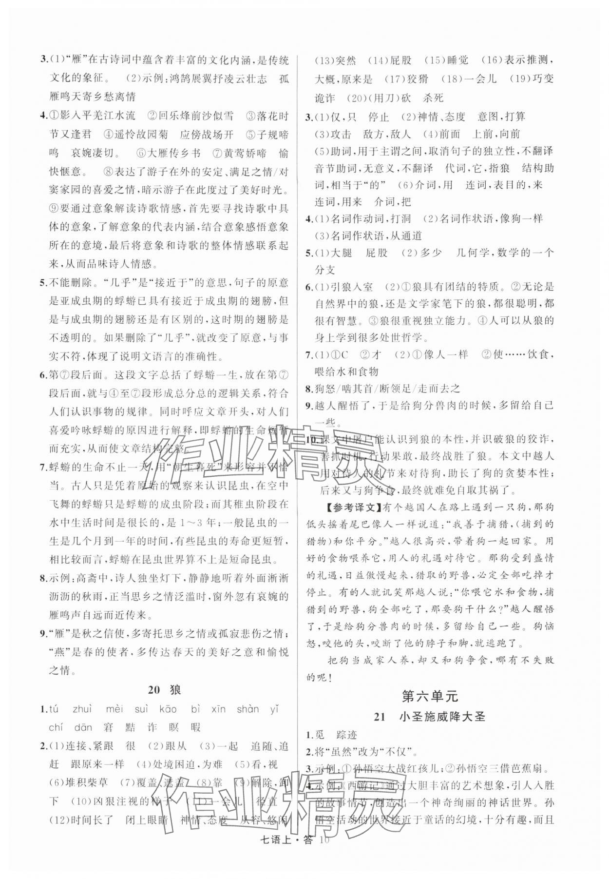2025年名师面对面满分特训方案七年级语文上册人教版浙江专版 参考答案第10页