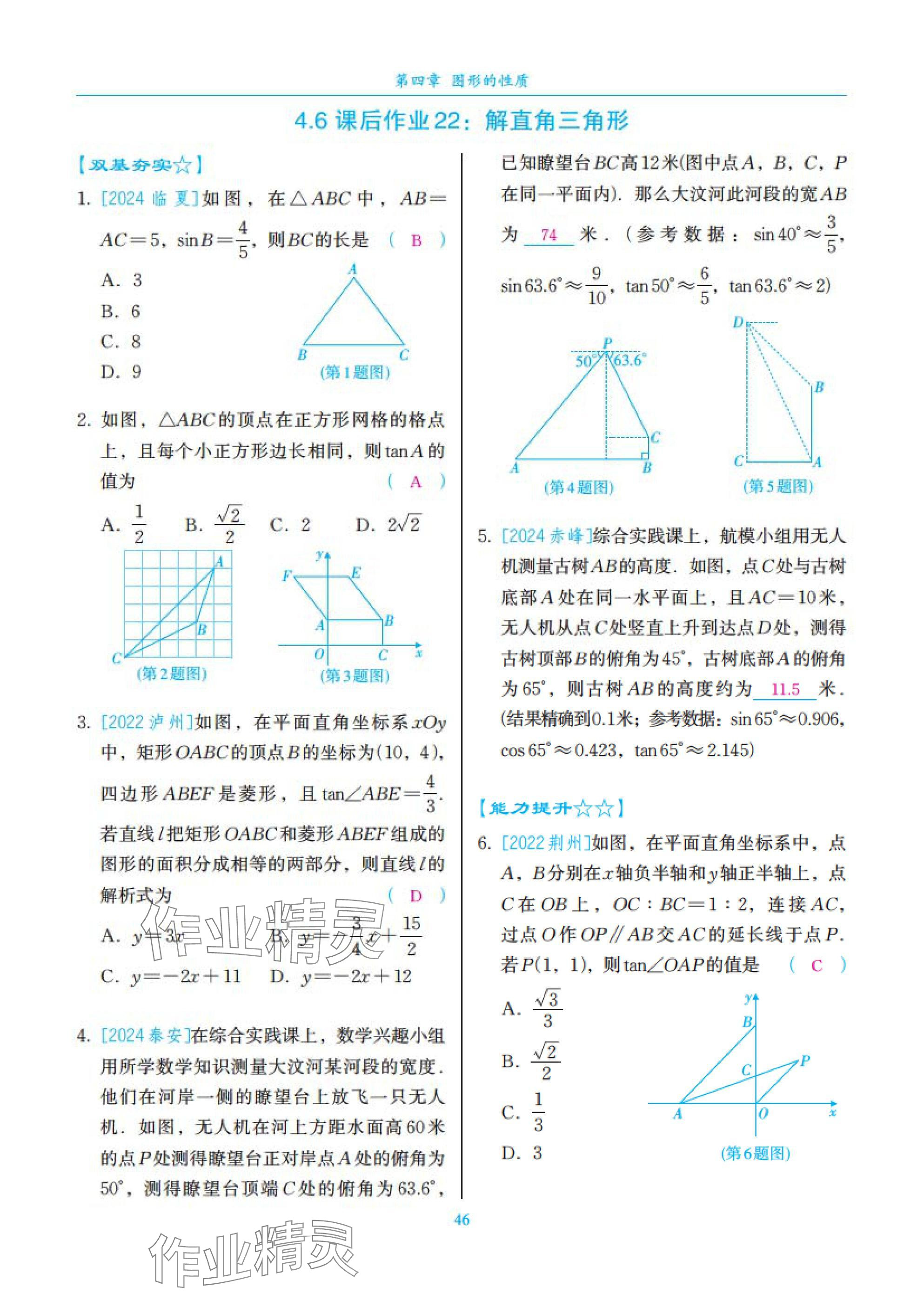 2025年中考复习一本全数学北师大版深圳专版&nbsp;参考答案第46页