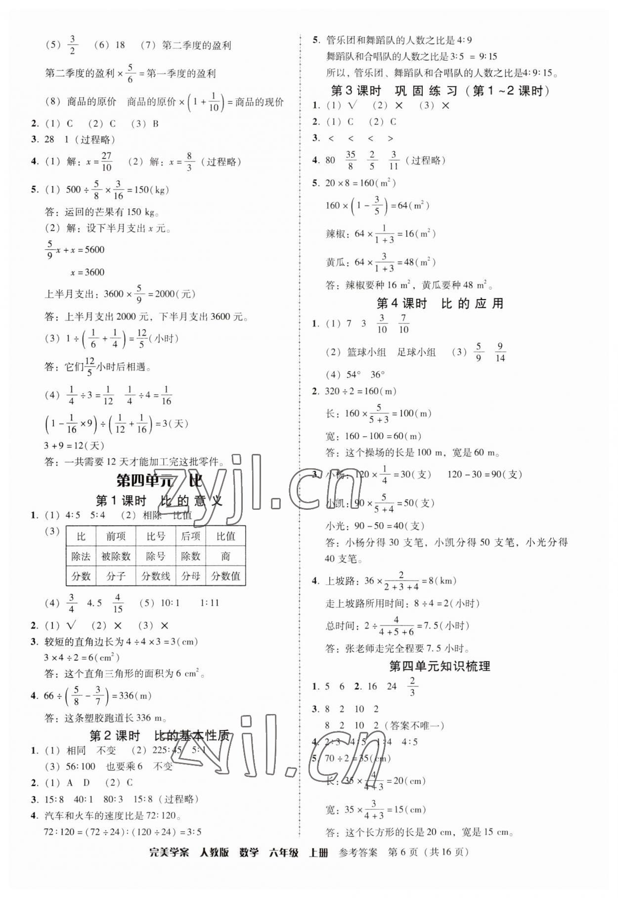 2023年完美学案六年级数学上册人教版 参考答案第6页