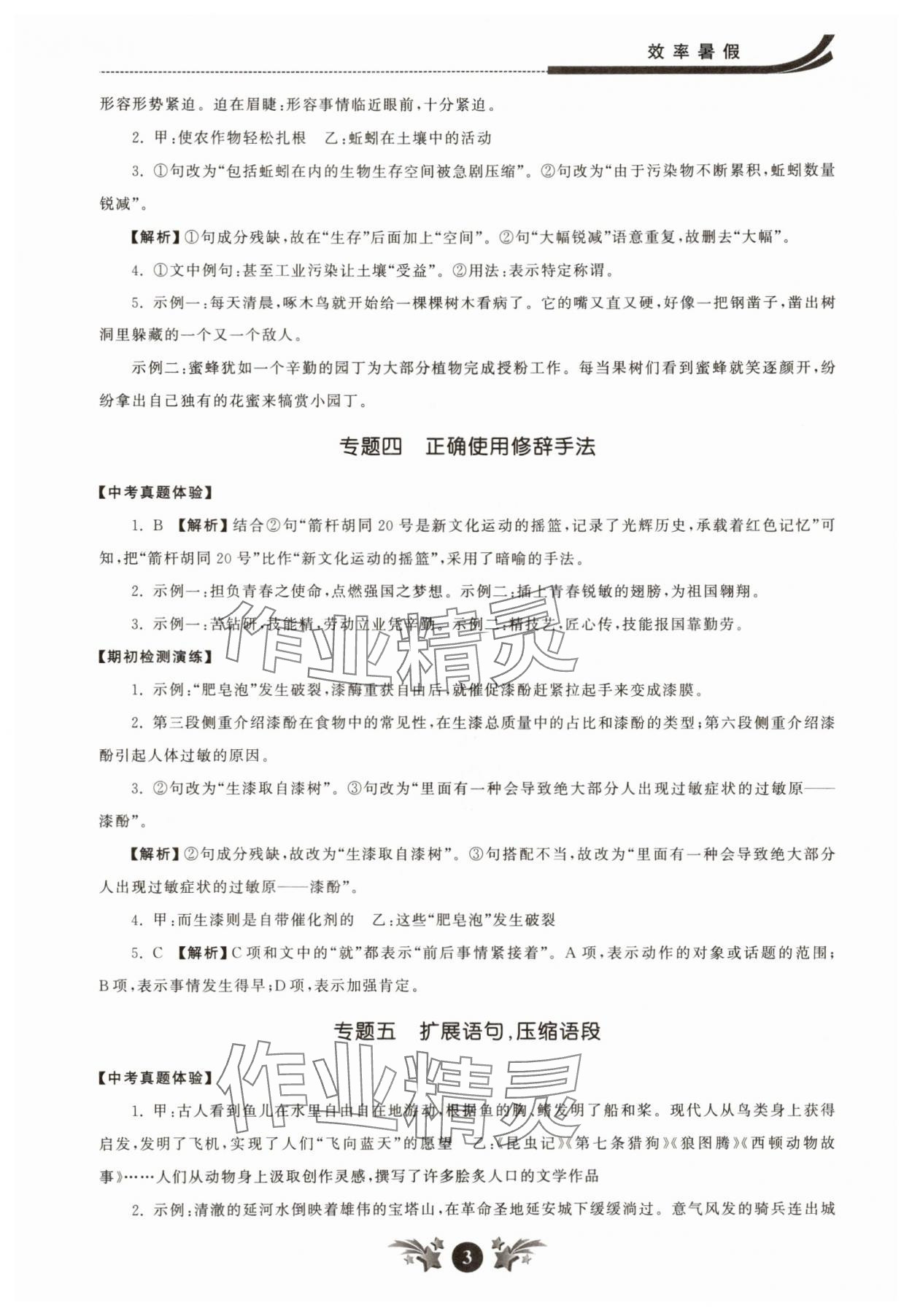 2025年效率暑假江苏人民出版社初升高衔接语文 参考答案第3页