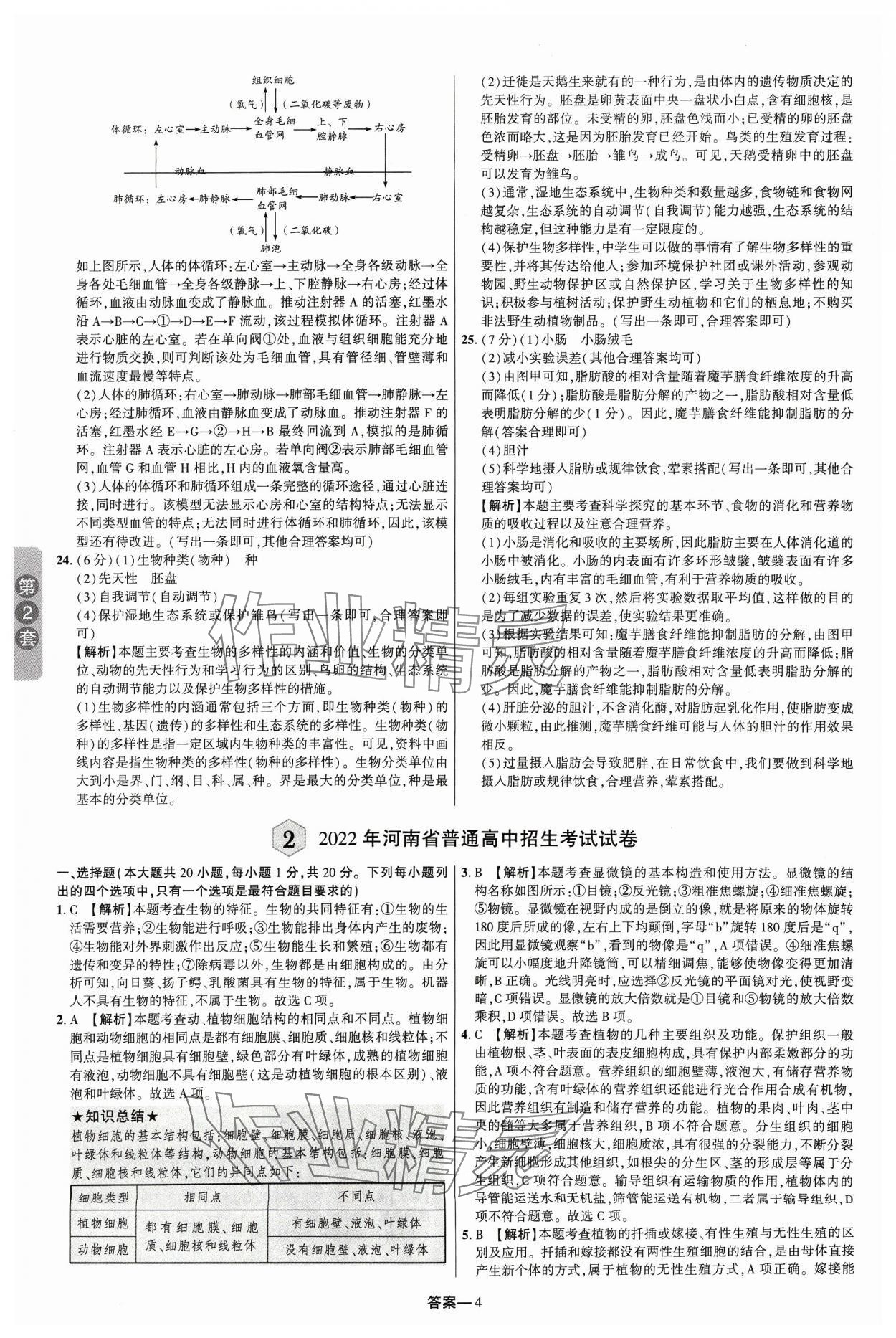 2024年领扬中考卷生物河南专版&nbsp;参考答案第3页