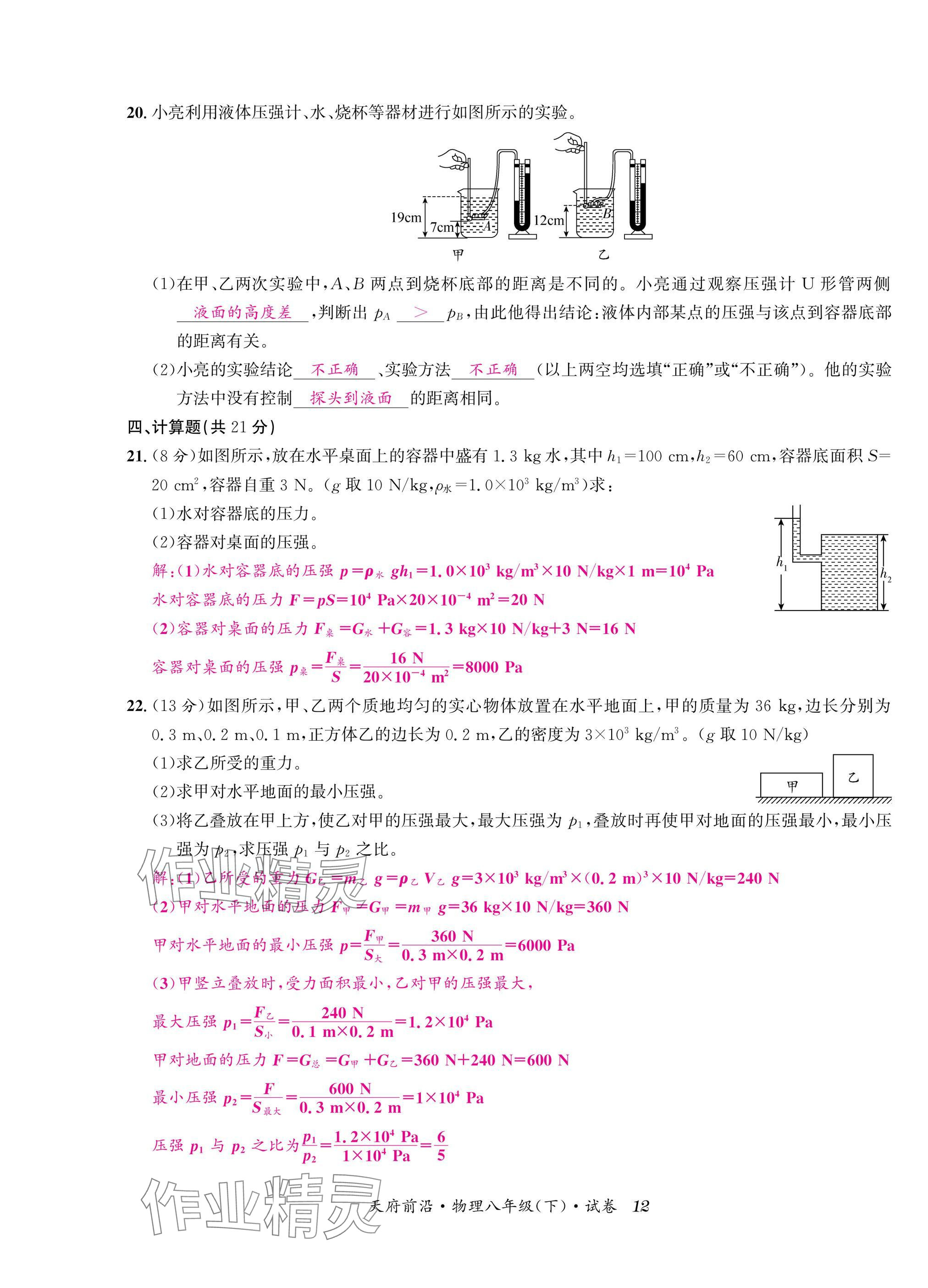 2025年天府前沿八年級物理下冊教科版 參考答案第12頁