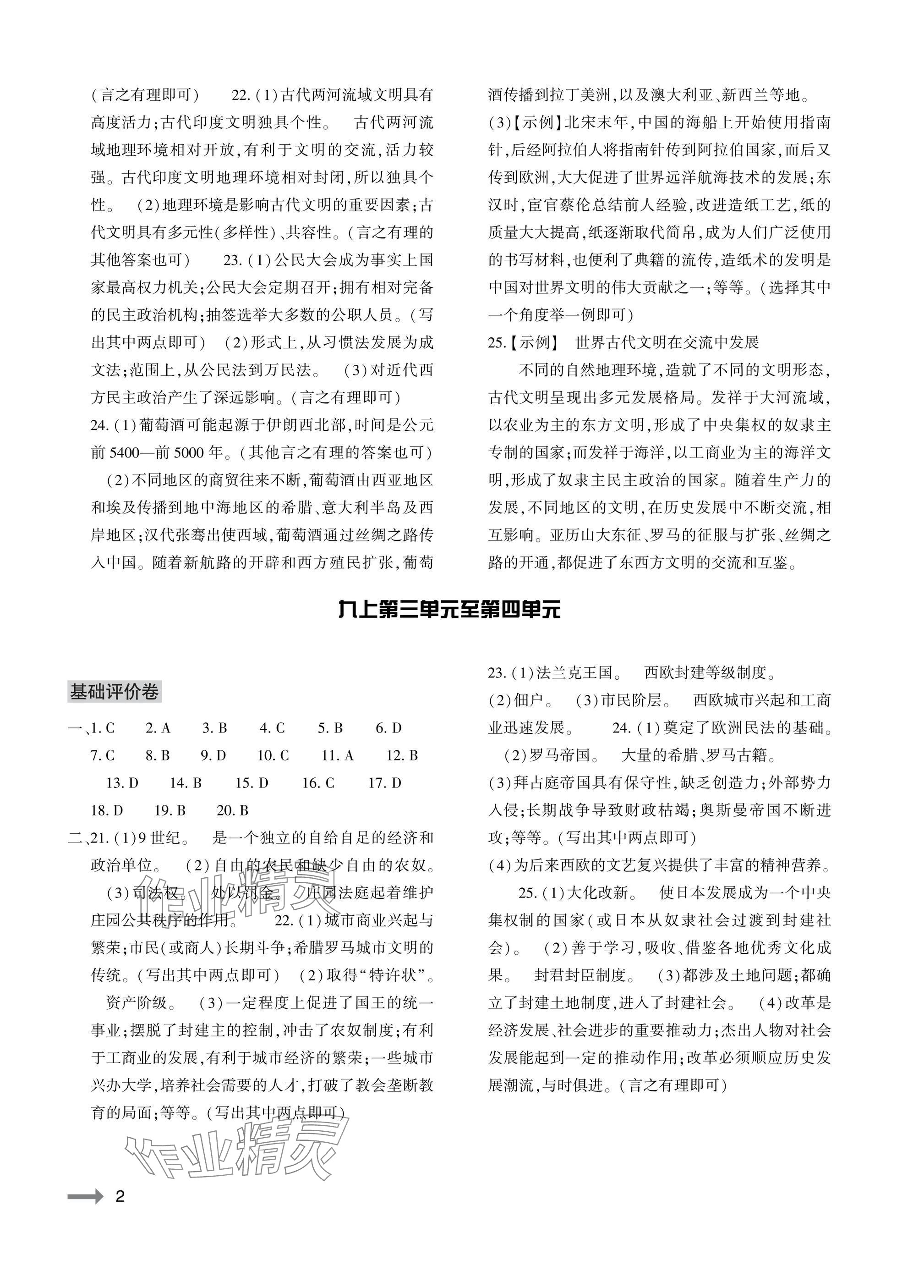 2025年节节高大象出版社九年级历史全一册人教版 参考答案第2页