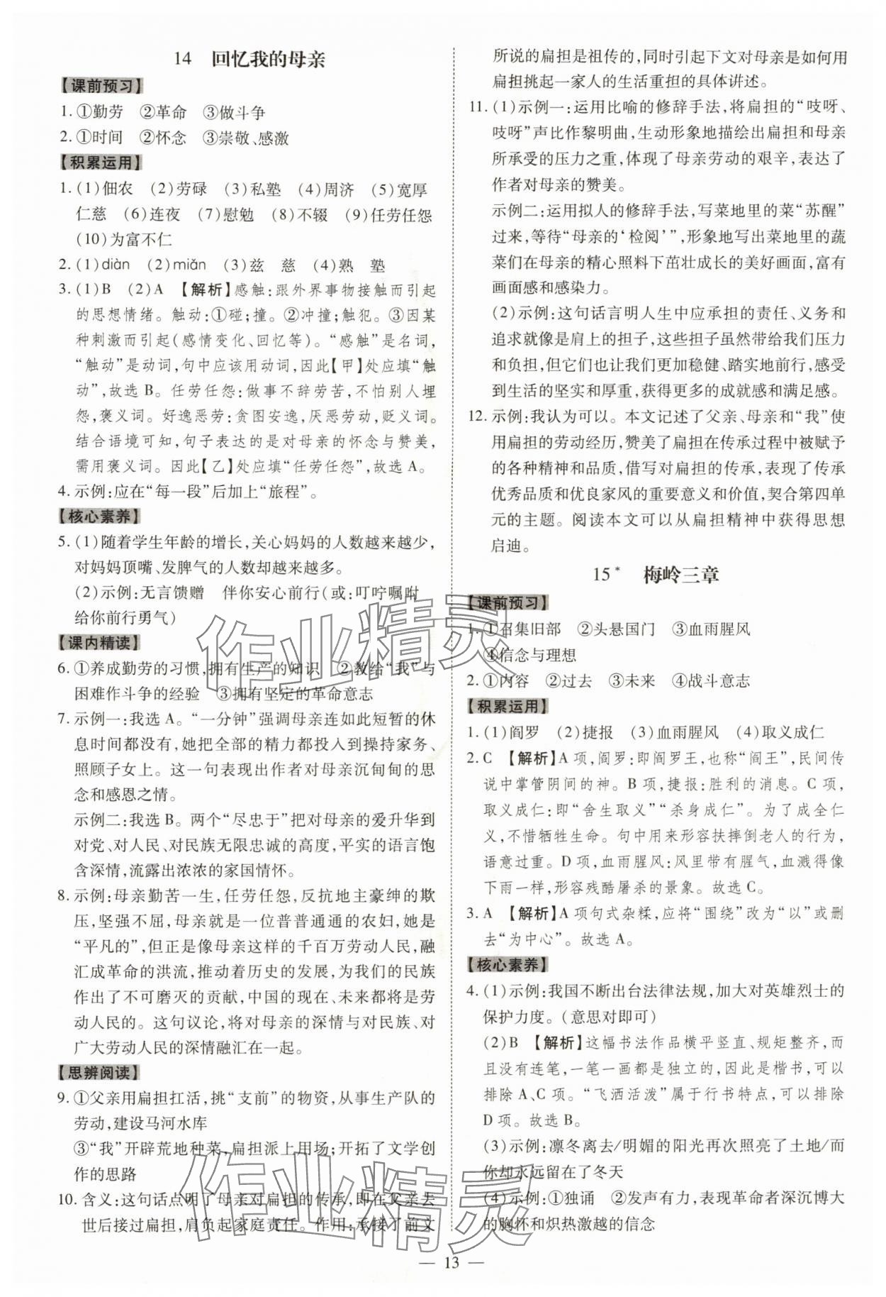 2025年同步冲刺七年级语文上册人教版&nbsp;参考答案第13页