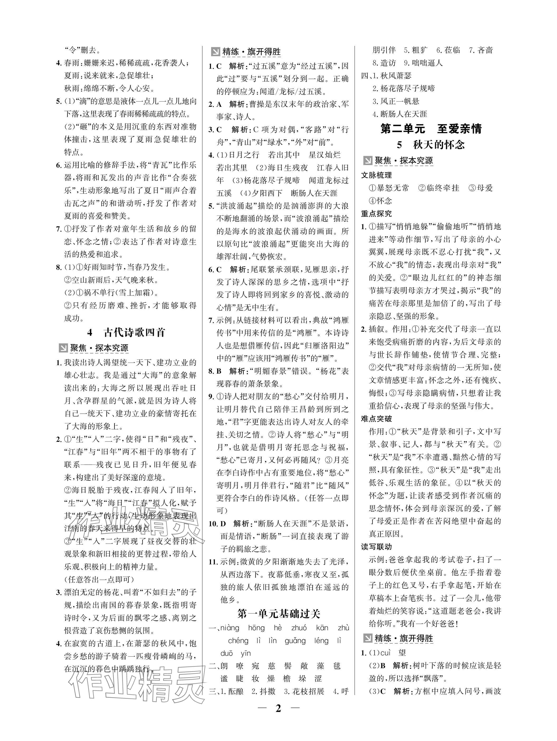 2025年配套综合练习甘肃七年级语文上册人教版 参考答案第2页
