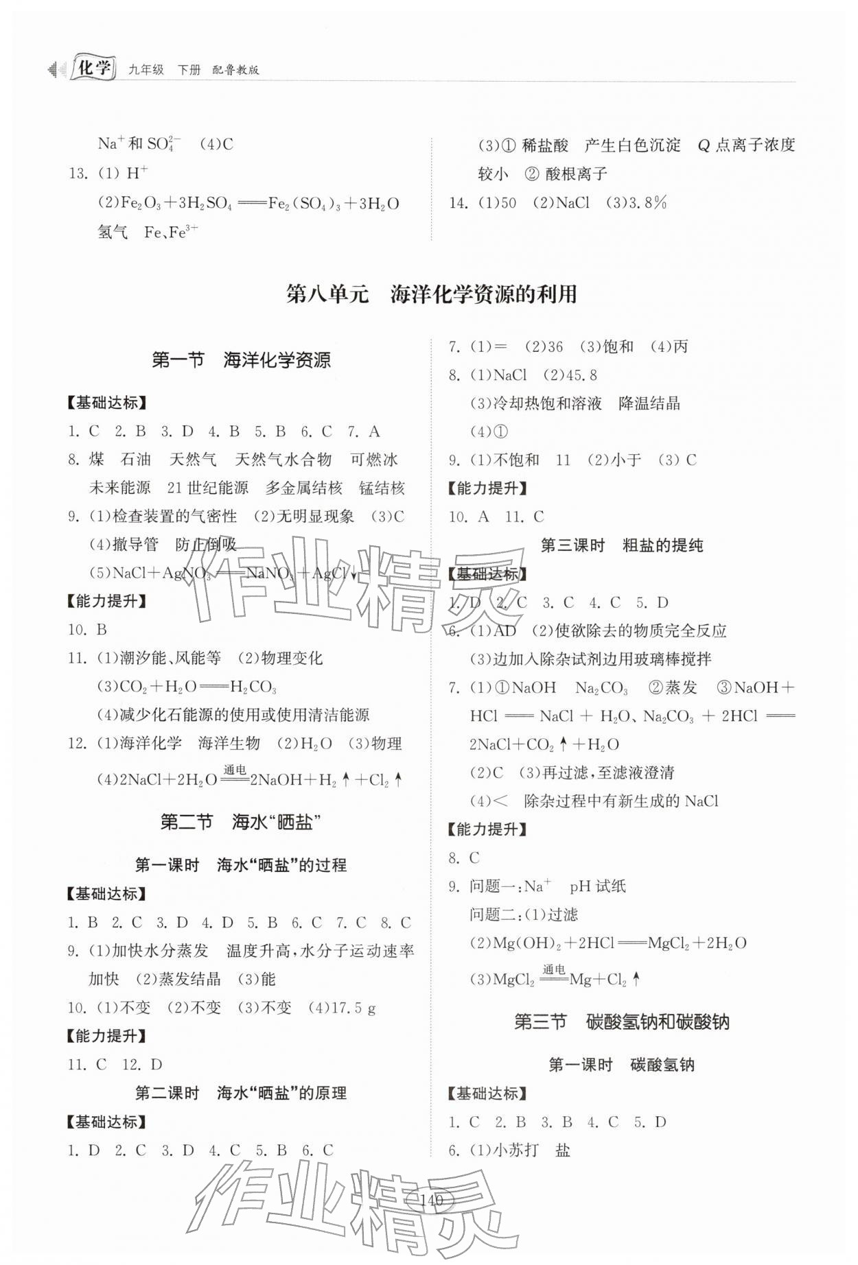 2026年同步练习册山东科学技术出版社九年级化学下册鲁教版&nbsp;参考答案第3页