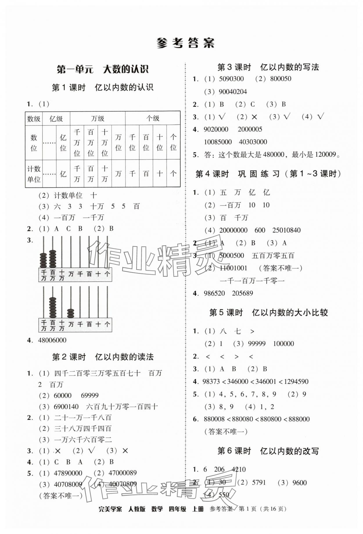 2024年完美学案四年级数学上册人教版 参考答案第1页