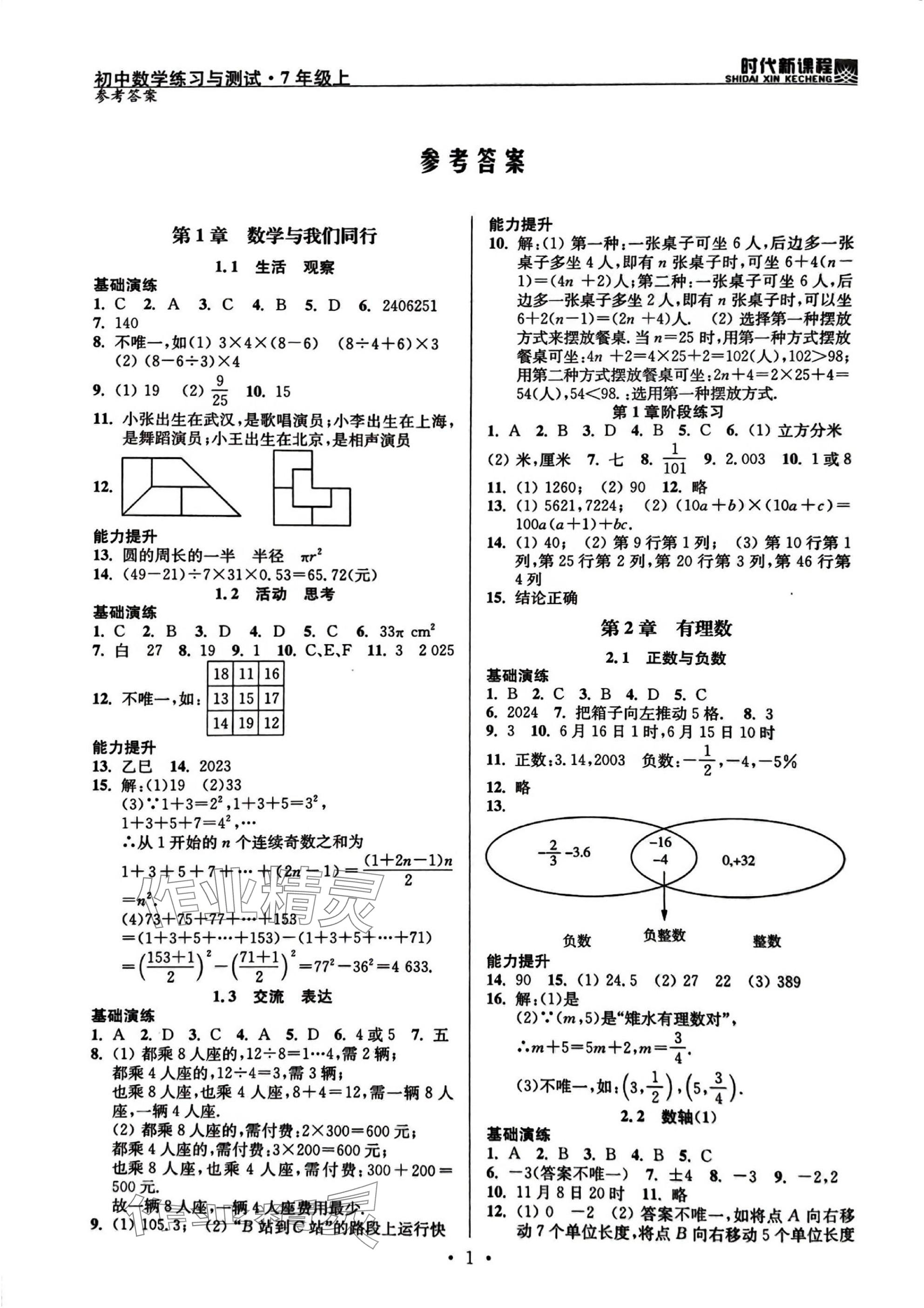 2025年时代新课程七年级数学上册苏科版 参考答案第1页