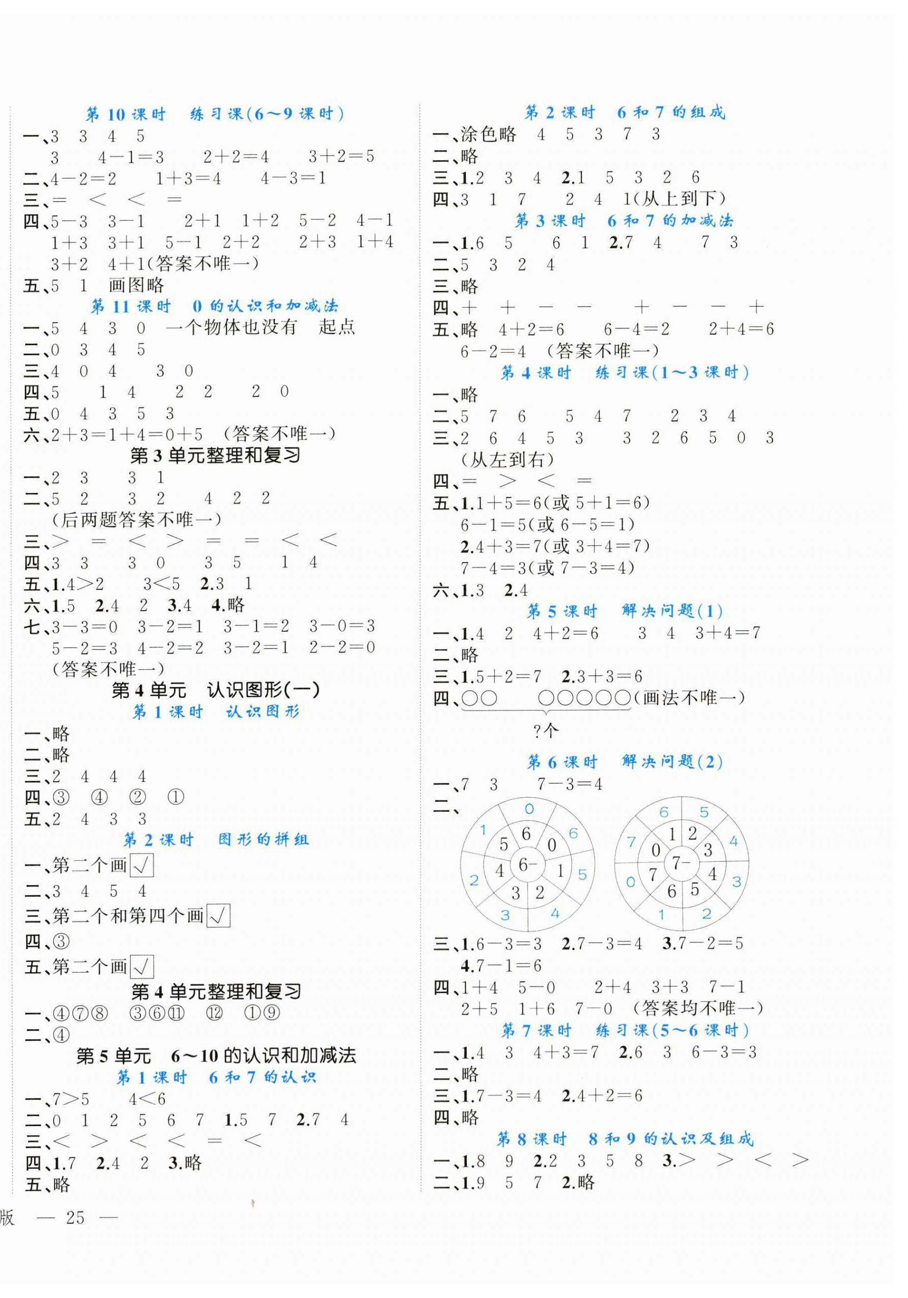 2023年名師面對面先學(xué)后練一年級數(shù)學(xué)上冊人教版 參考答案第2頁