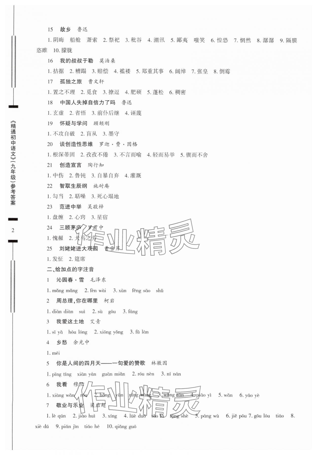 2025年精通初中語文九年級(jí)人教版 參考答案第2頁
