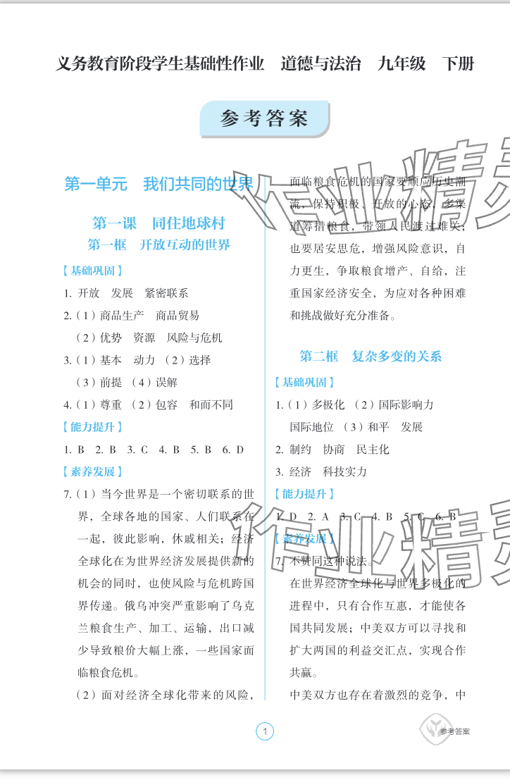 2024年學(xué)生基礎(chǔ)性作業(yè)九年級(jí)道德與法治下冊(cè)人教版 參考答案第1頁(yè)