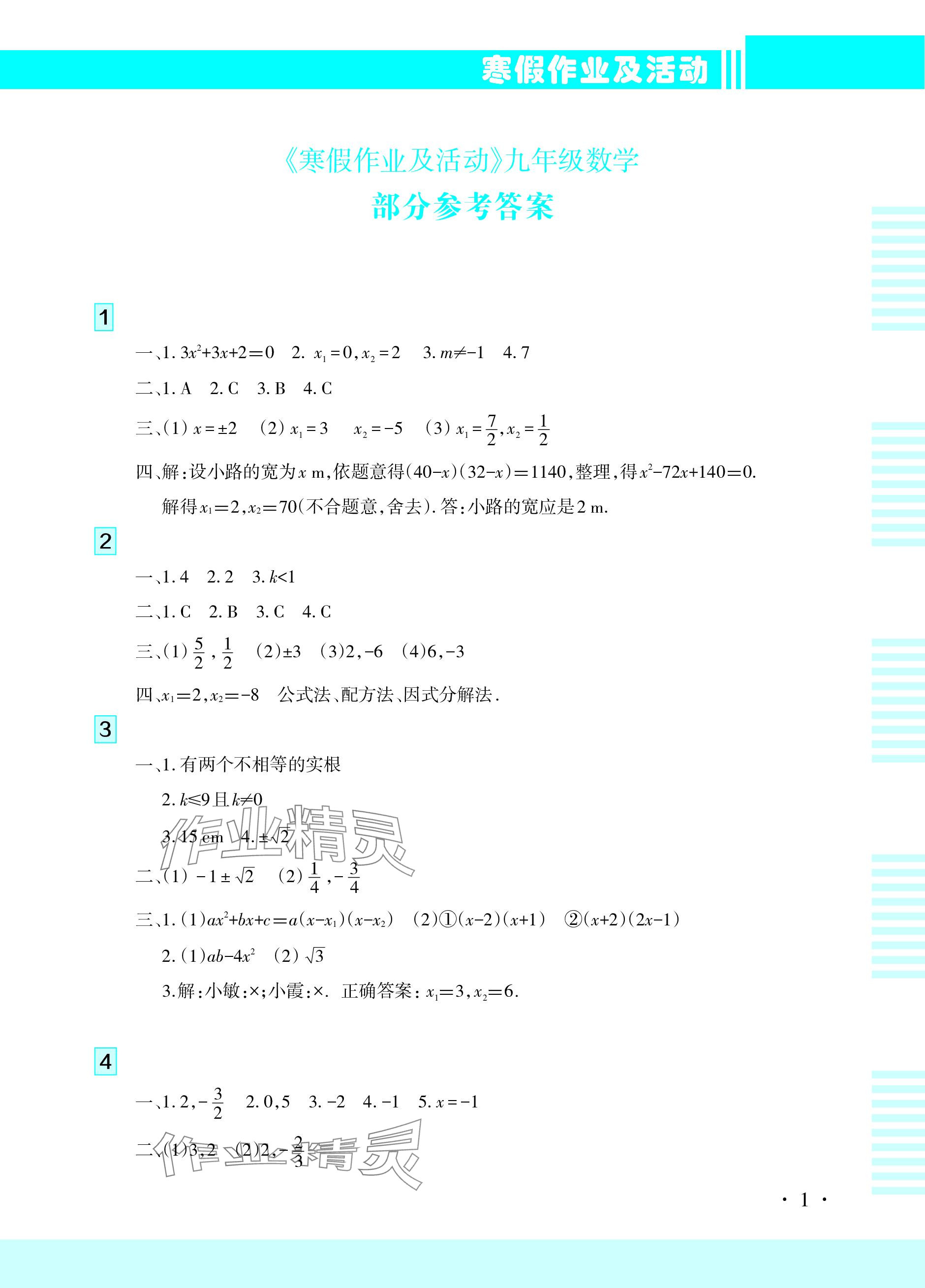 2024年寒假作業(yè)及活動(dòng)九年級(jí)數(shù)學(xué) 參考答案第1頁(yè)