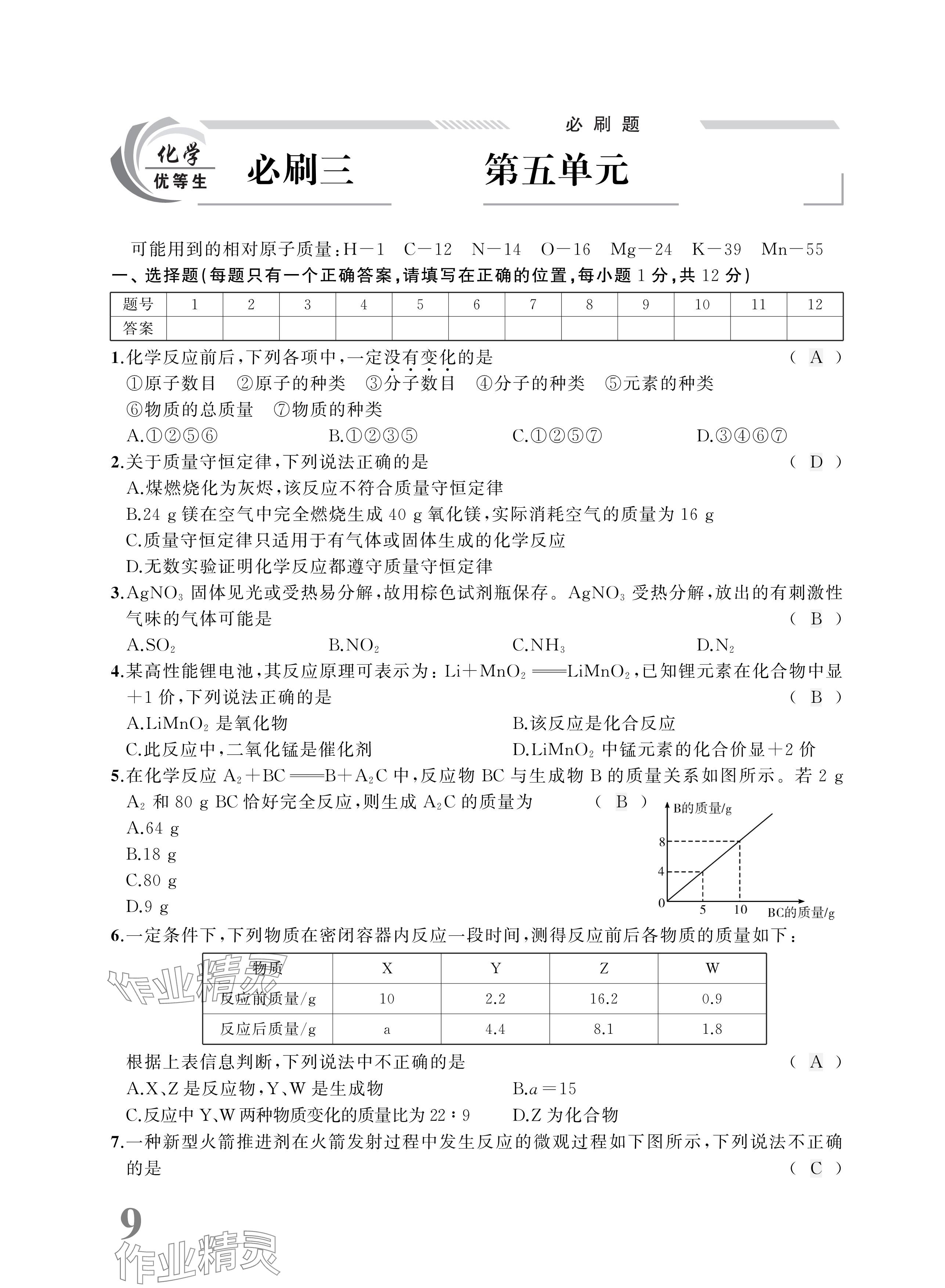 2025年優(yōu)等生中考試題精選化學(xué)安徽專版 參考答案第9頁